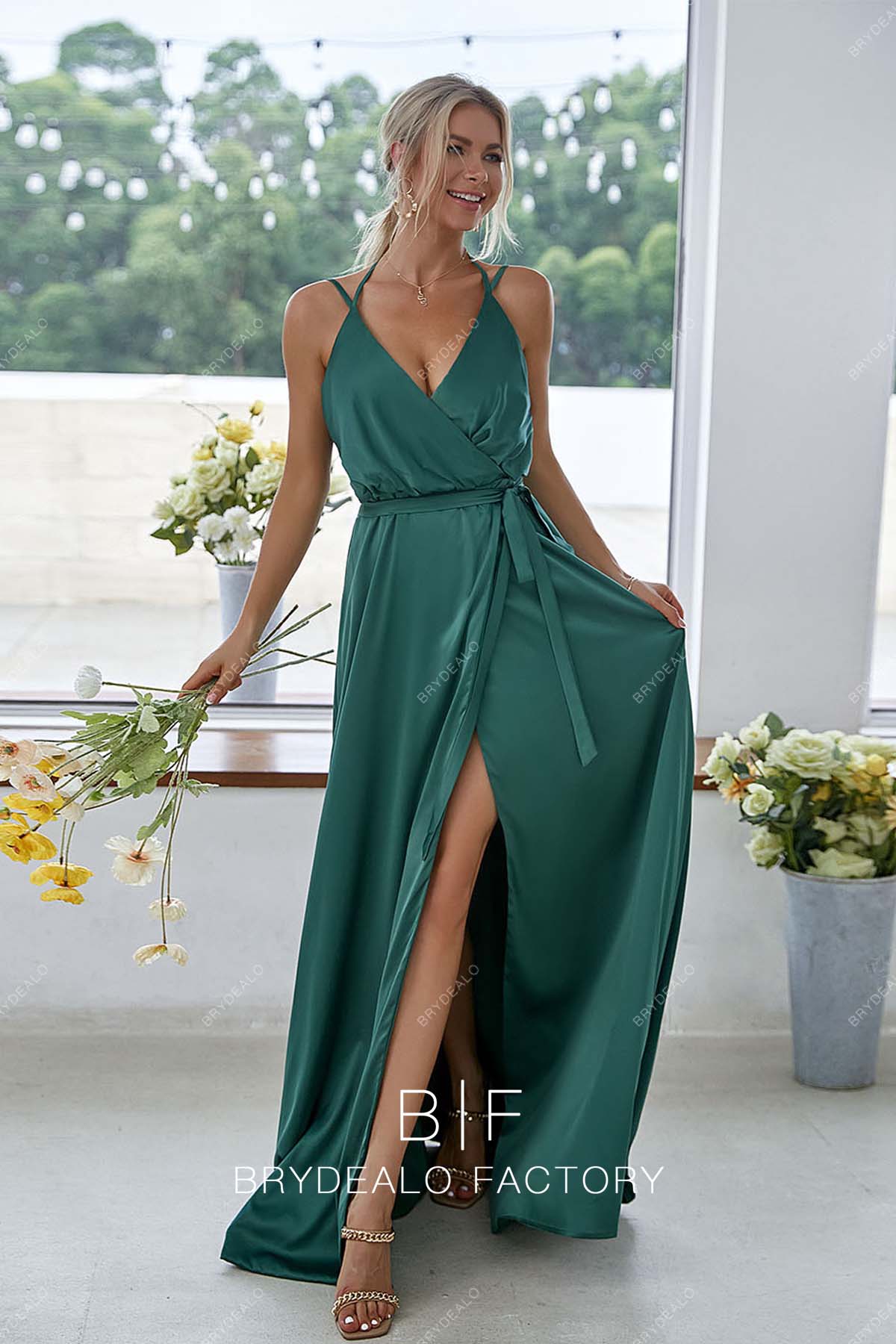 Green Self-tie Charmeuse Double Straps A-line Slit Bridesmaid Dress