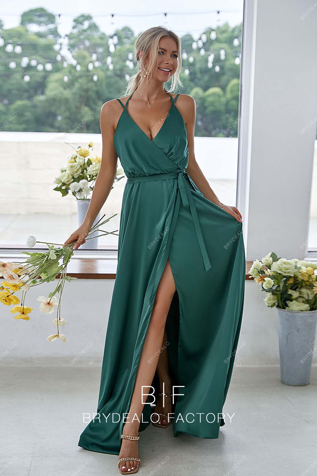 Green Self-tie Charmeuse Double Straps A-line Slit Bridesmaid Dress Green Self-tie Charmeuse Double Straps A-line Slit Bridesmaid Dress