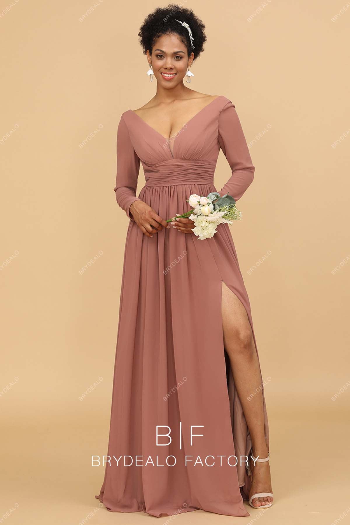 Plunging Neck Ruched Empire Slit Bridesmaid Dress