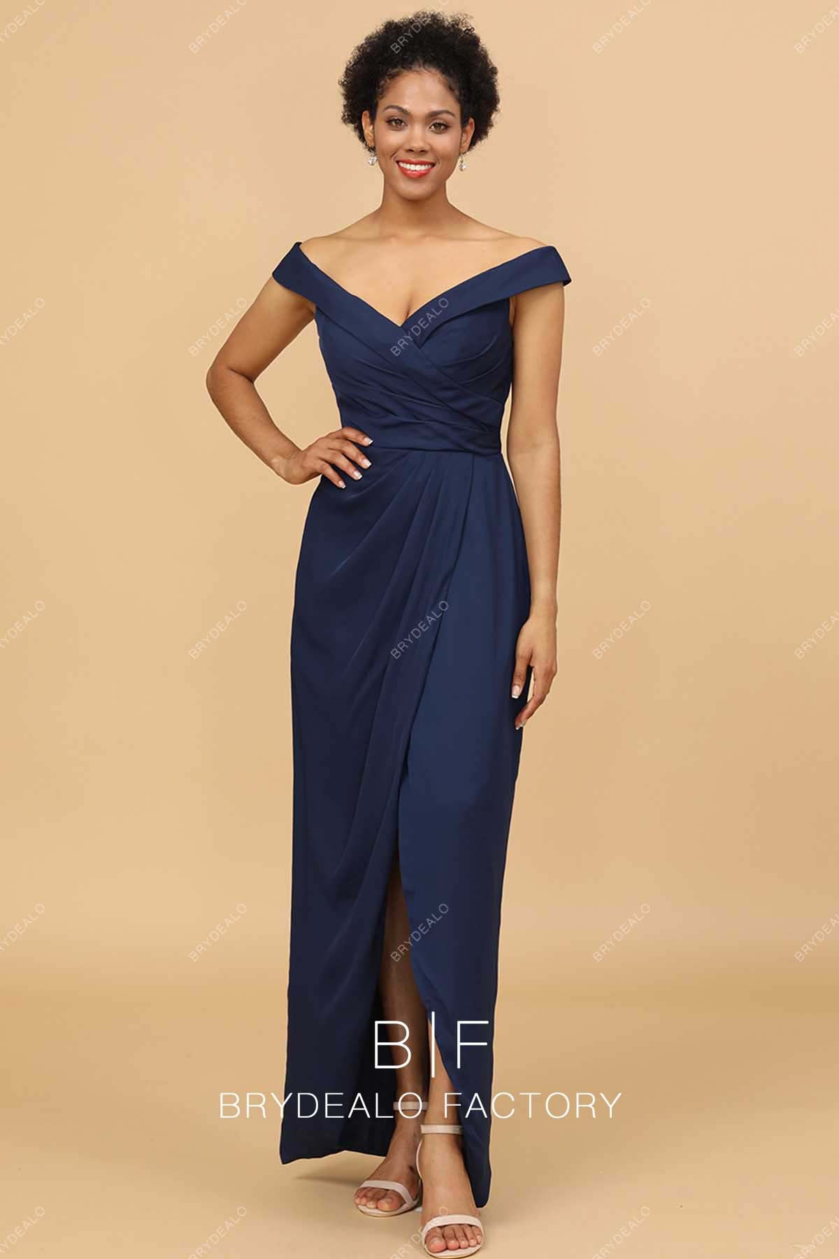 Navy Blue Off Shoulder Slit Chiffon Bridesmaid Formal Dress