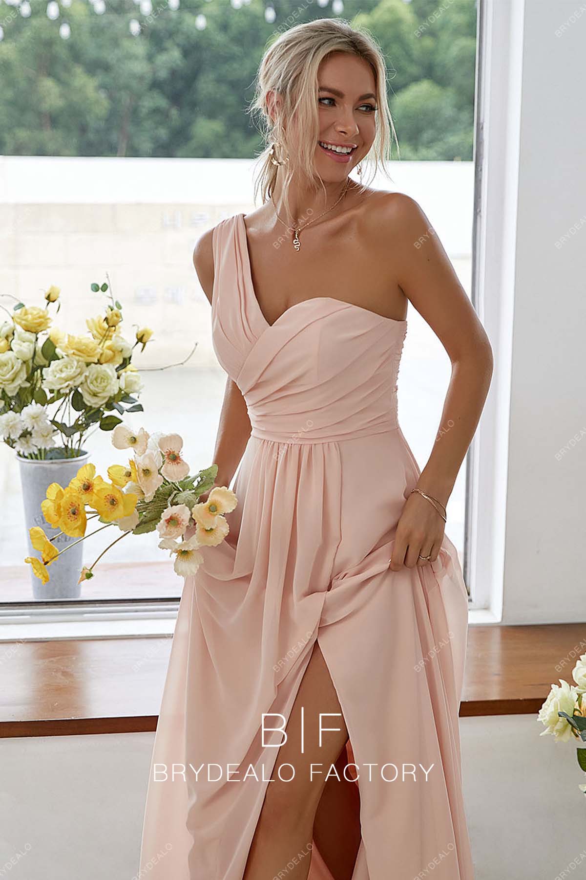 slit A-line one shoulder bridesmaid dress