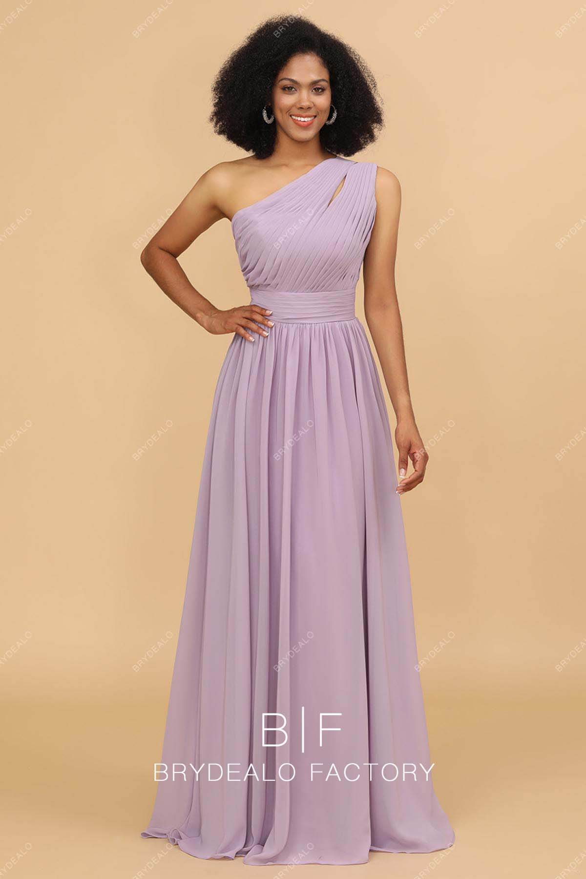 Lilac Slit Pleated One Shoulder A-line Chiffon Bridesmaid Dress