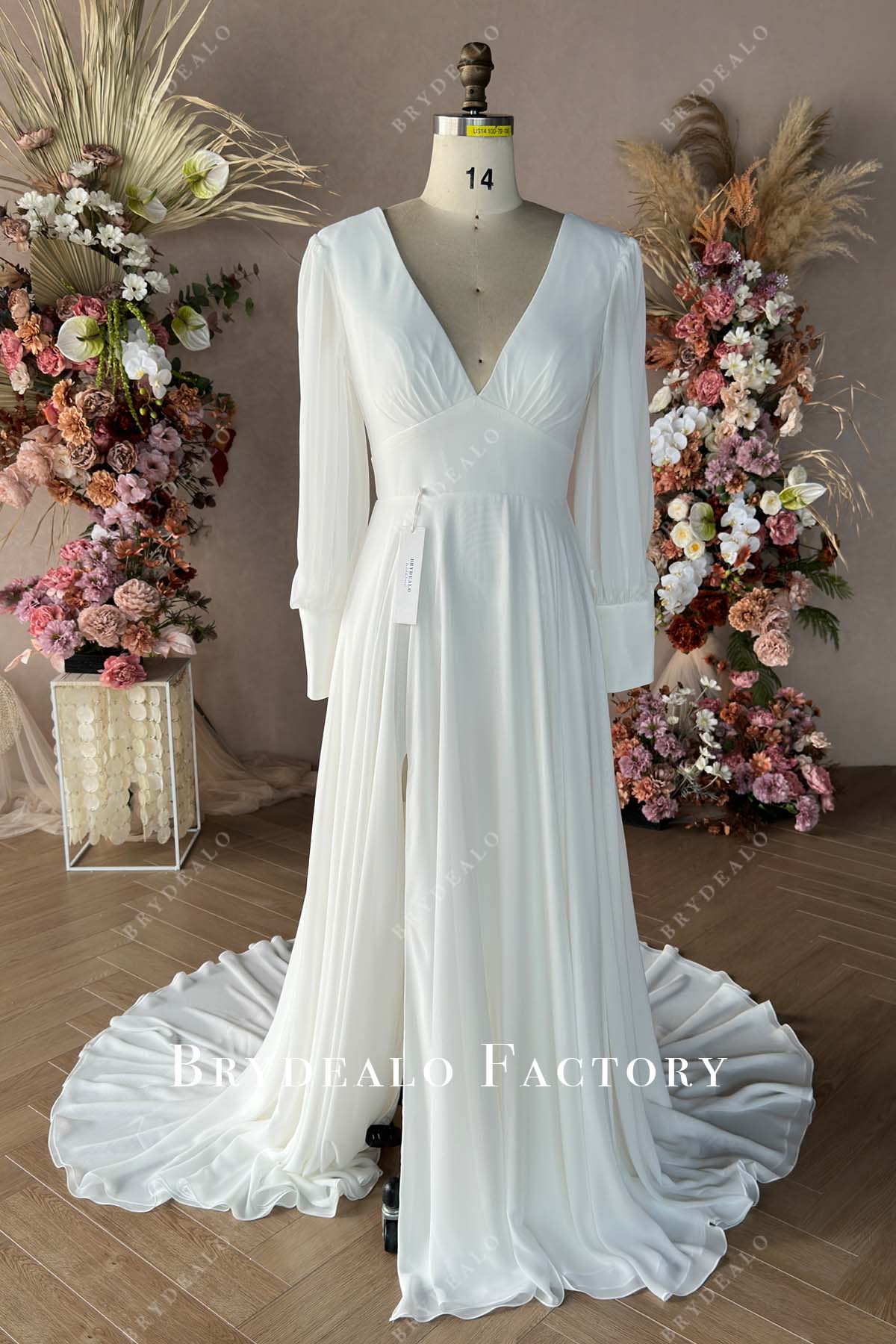 sexy slit white chiffon custom wedding gown