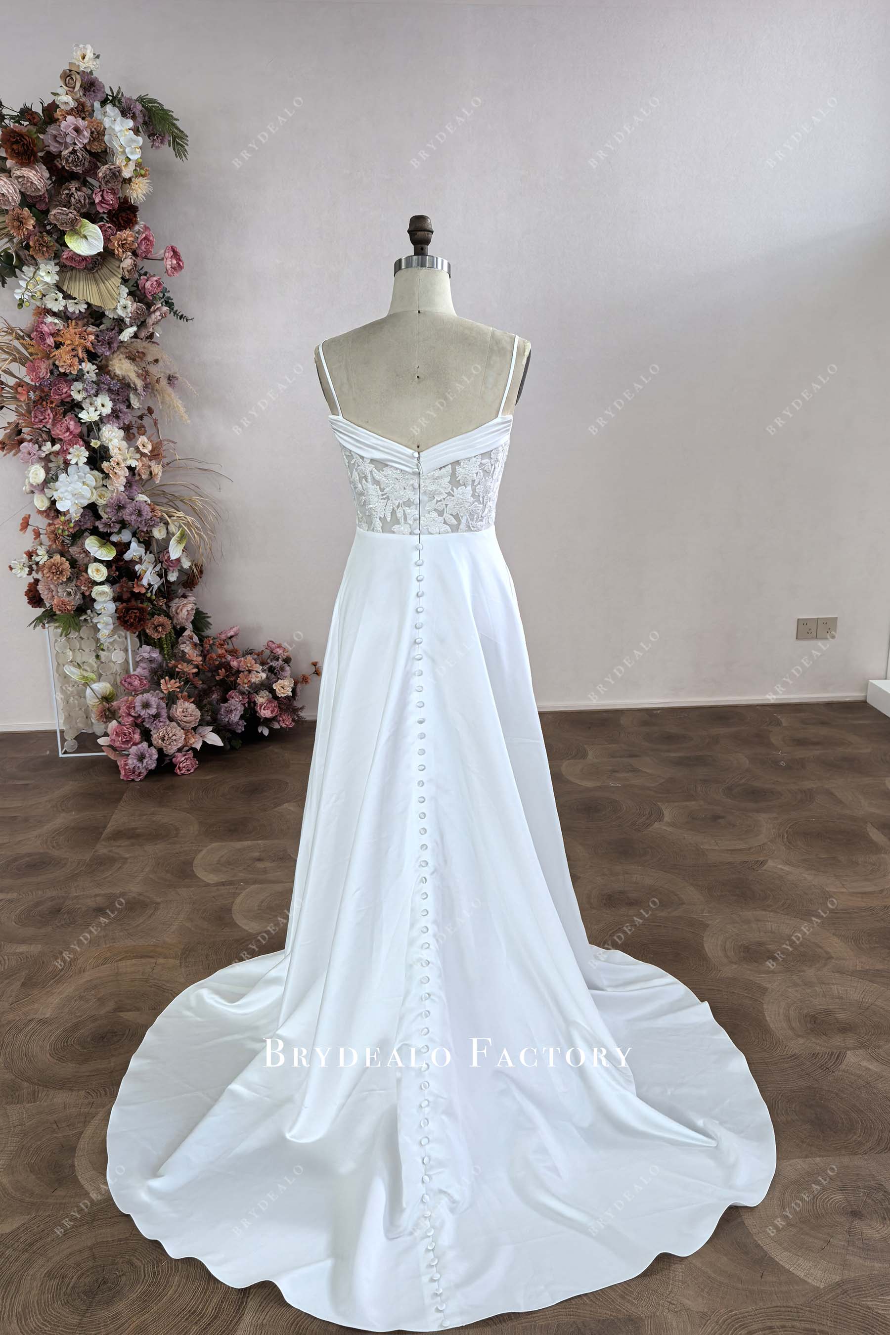spaghetti straps buttons A-line wedding dress