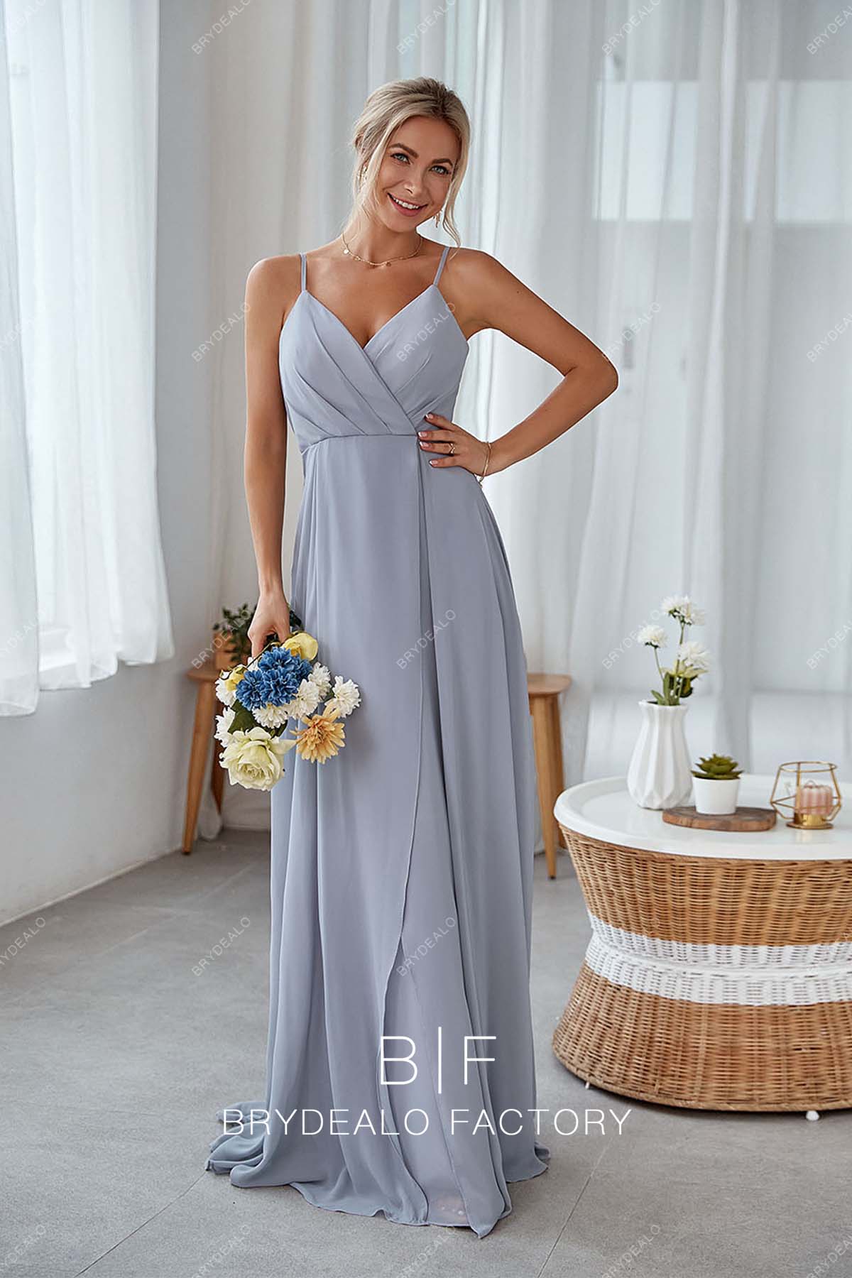 white christmas dresses Dusty Blue Chiffon Long Sleeves Bridesmaid Dresses, BD133 main image 0