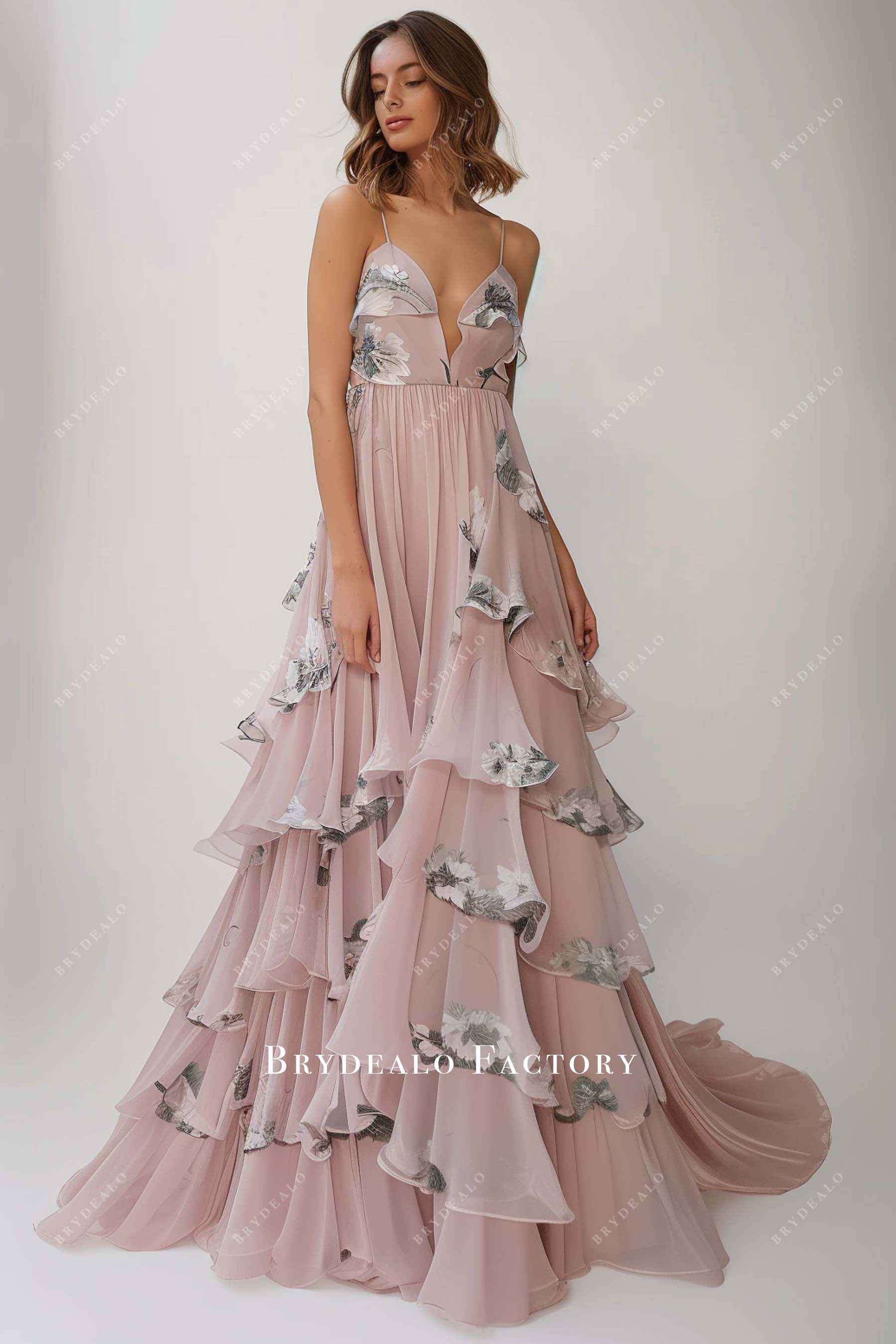 Plunging Neck Tiered Ruffles Beach Print Chiffon Bridesmaid Gown Plunging Neck Tiered Ruffles Beach Print Chiffon Bridesmaid Gown