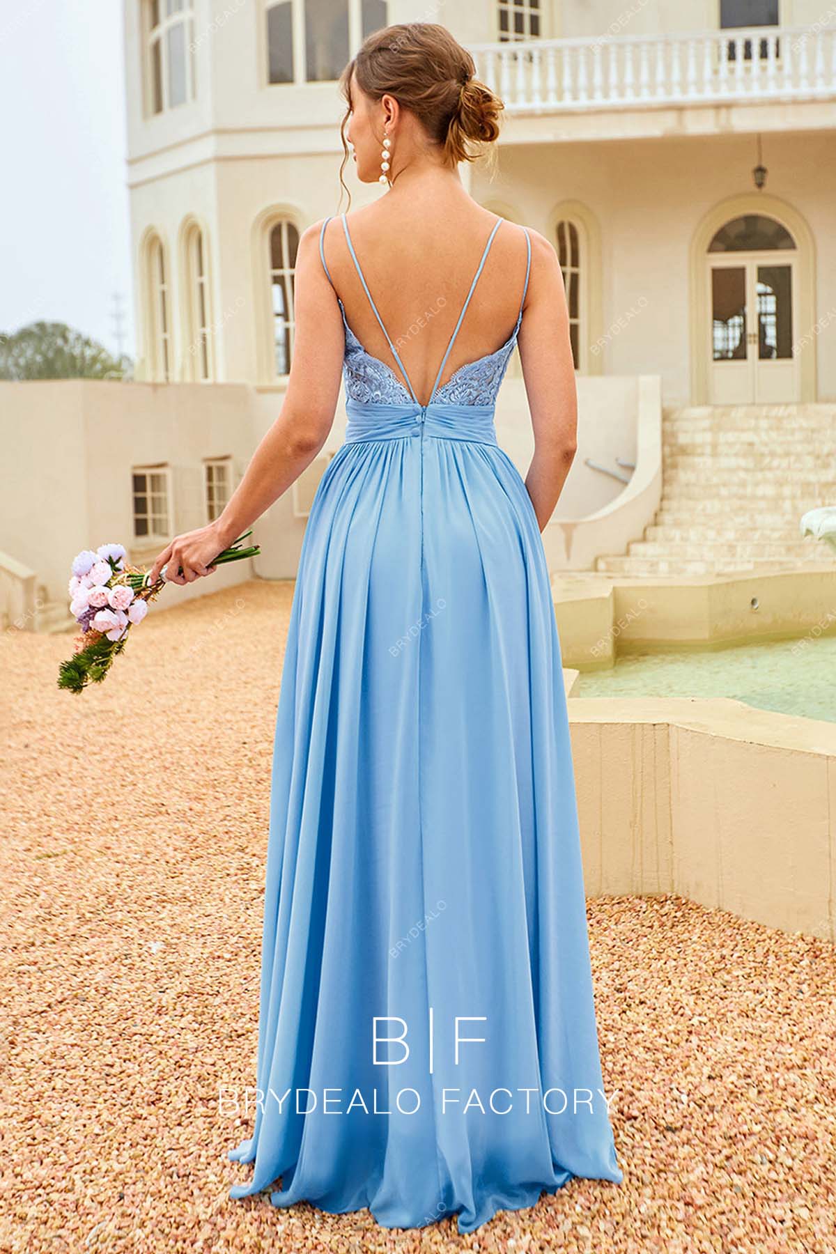 spaghetti straps lace chiffon floor length wedding dress