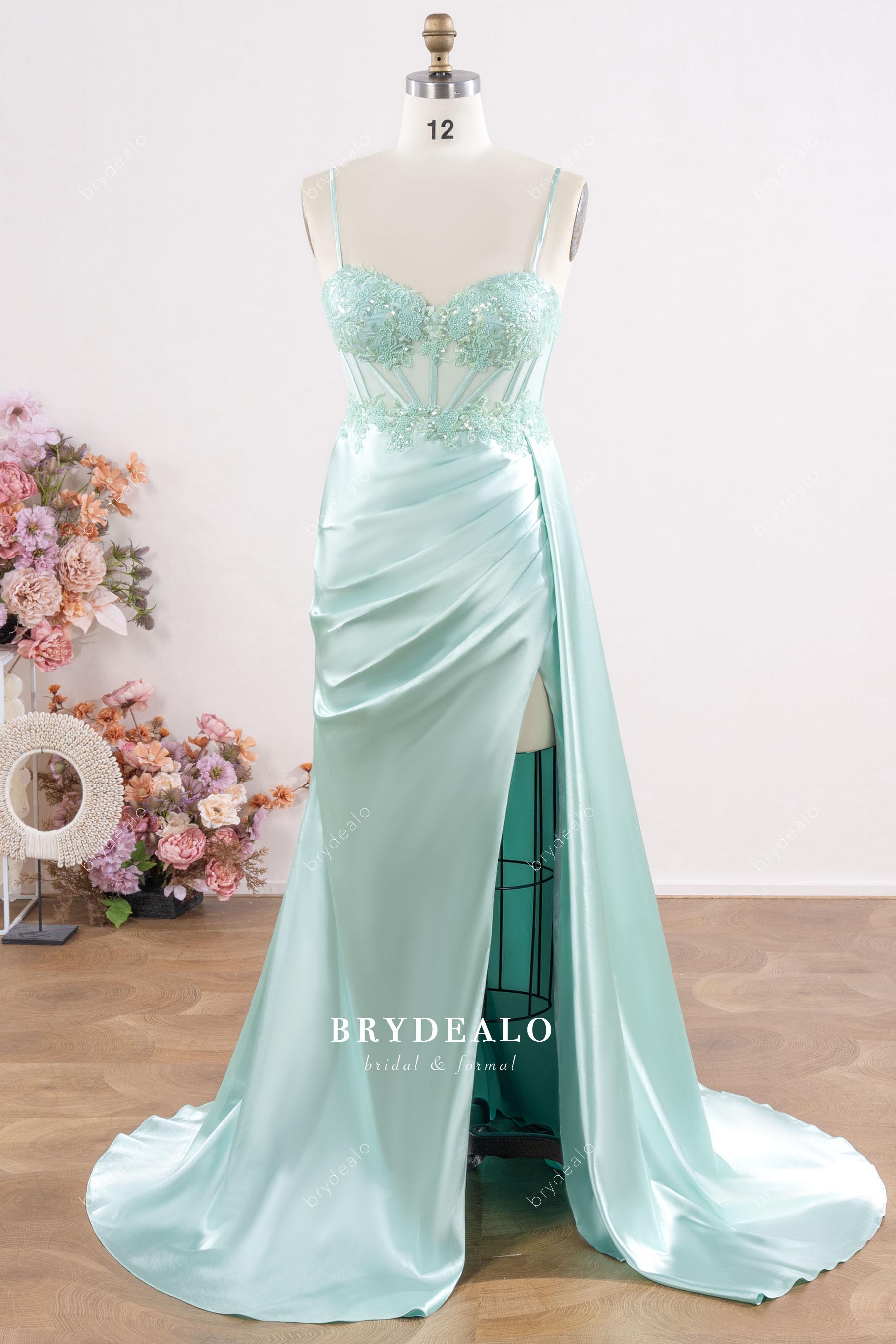 spaghetti straps lace satin formal dress