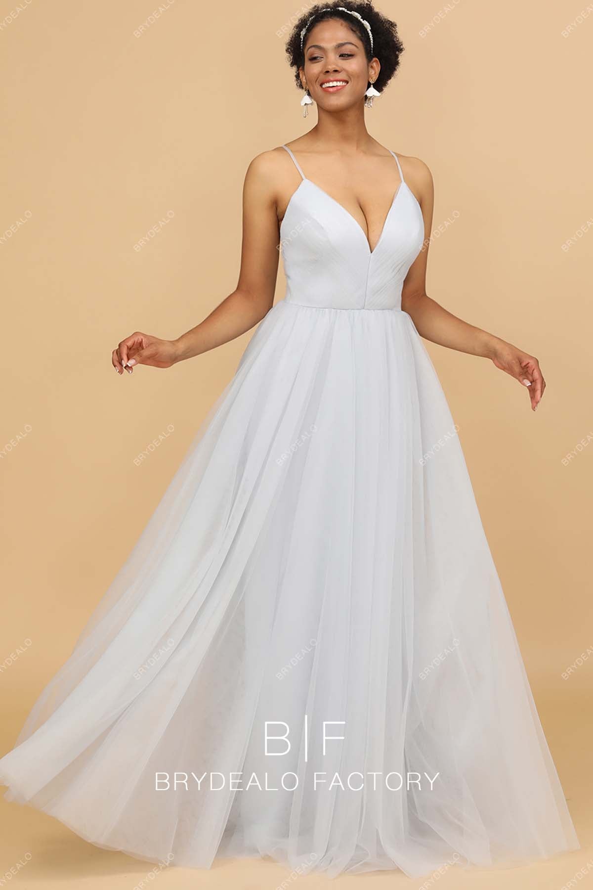 Ice Blue Spaghetti Straps V-neck Tulle Floor Length Bridesmaid Dress Ice Blue Spaghetti Straps V-neck Tulle Floor Length Bridesmaid Dress
