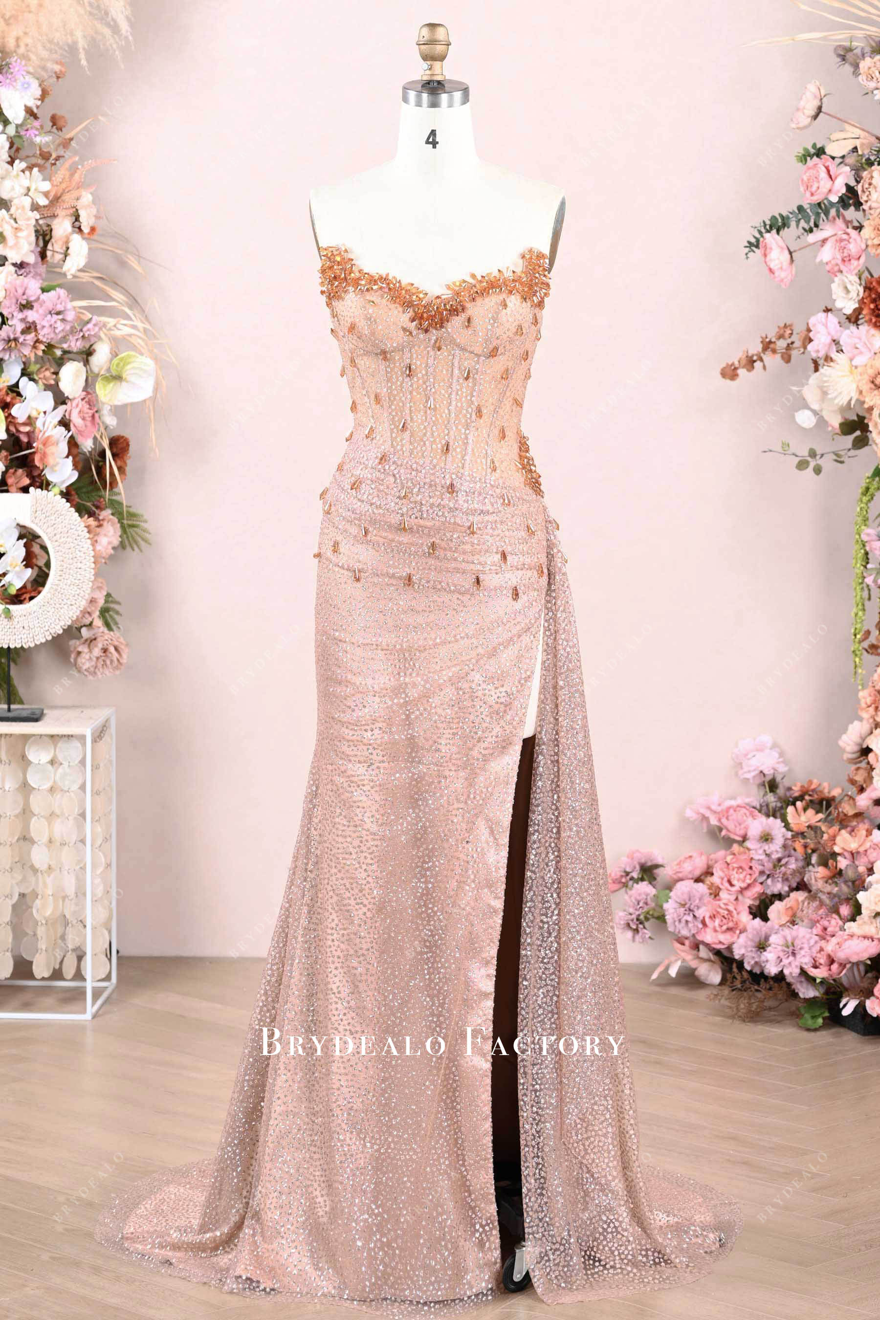 Nude Sparkly Rhinestone Sweetheart Neck Slit Prom Dress Nude Sparkly Rhinestone Sweetheart Neck Slit Prom Dress