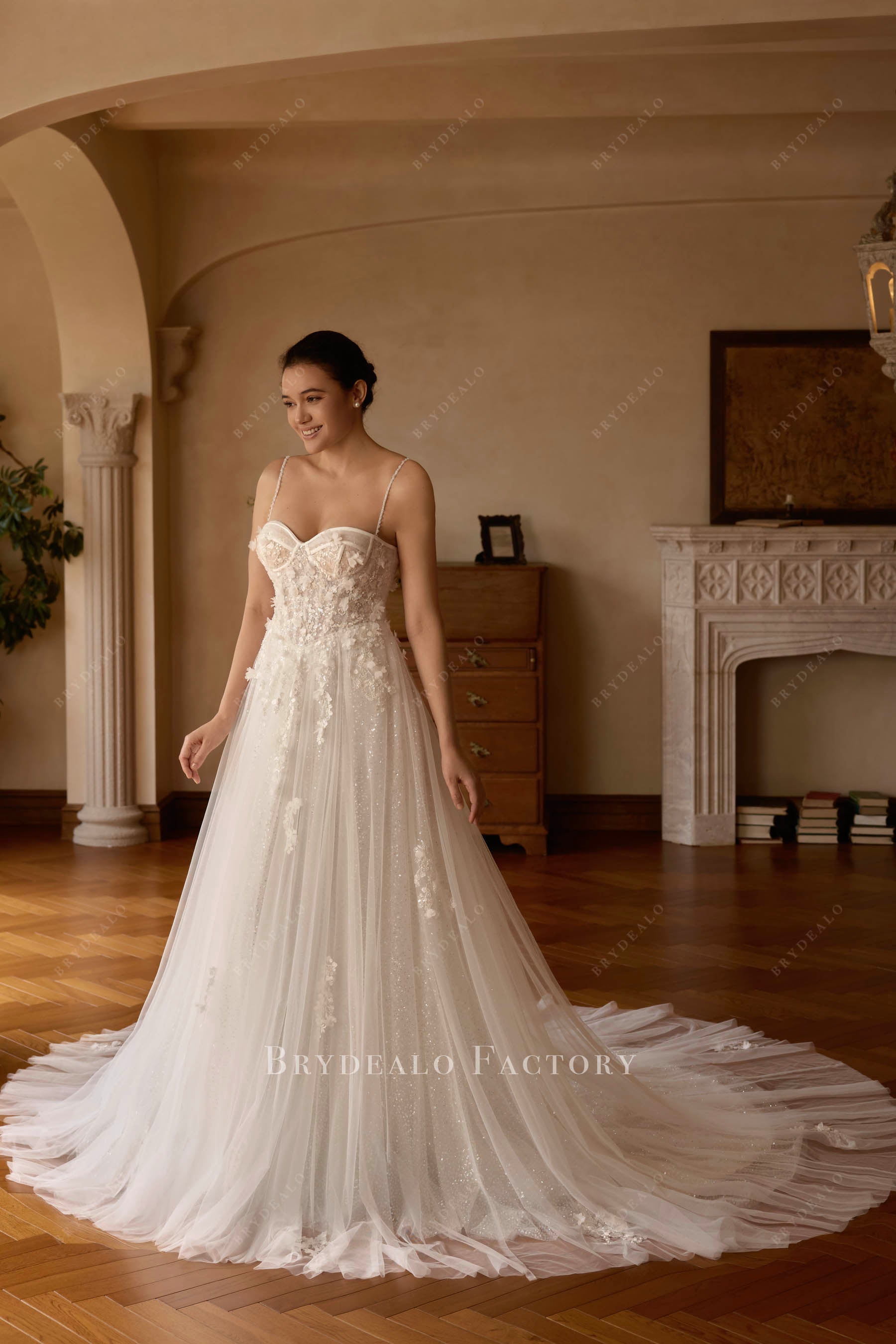 Corset 3D Flower Lace Sparkly Tulle Aline Wedding Dress