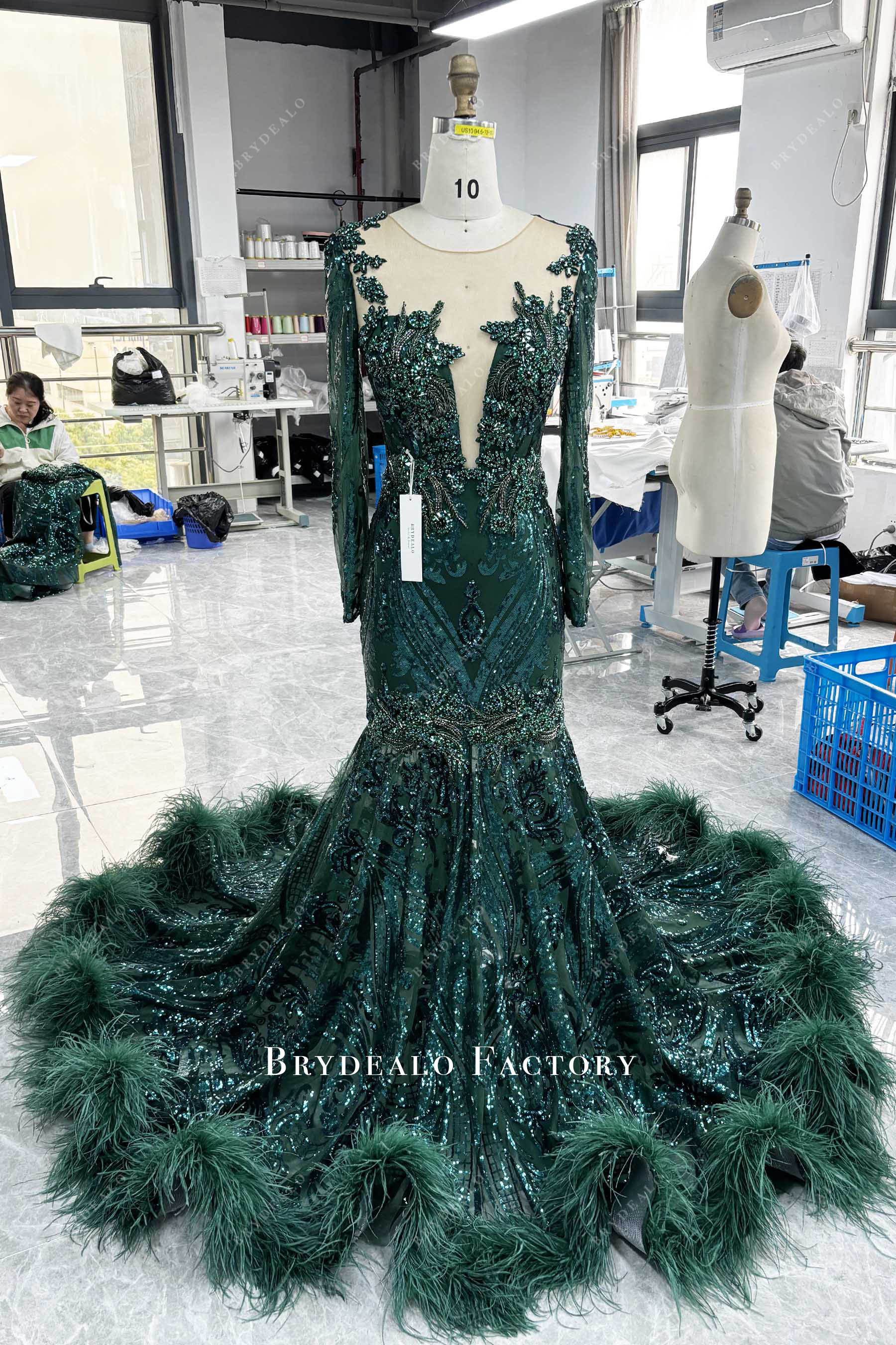 sparkly dark green sequin feather prom dress