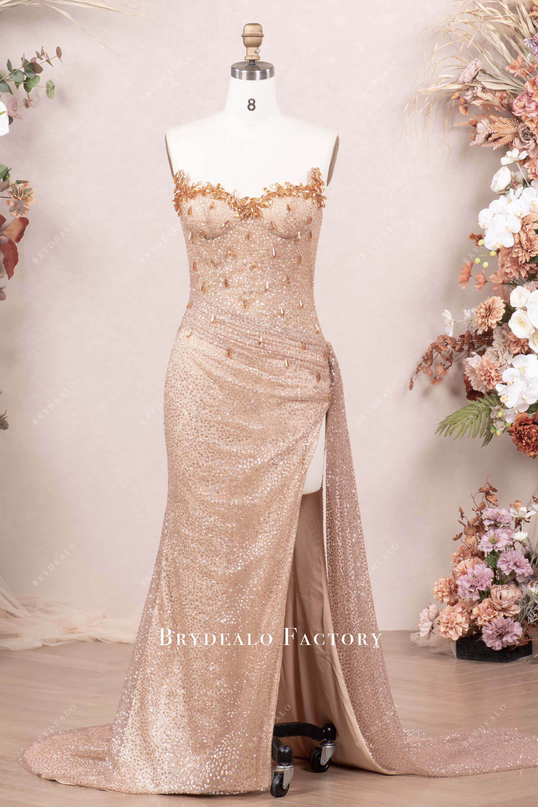 sparkly fit flare slit prom dress