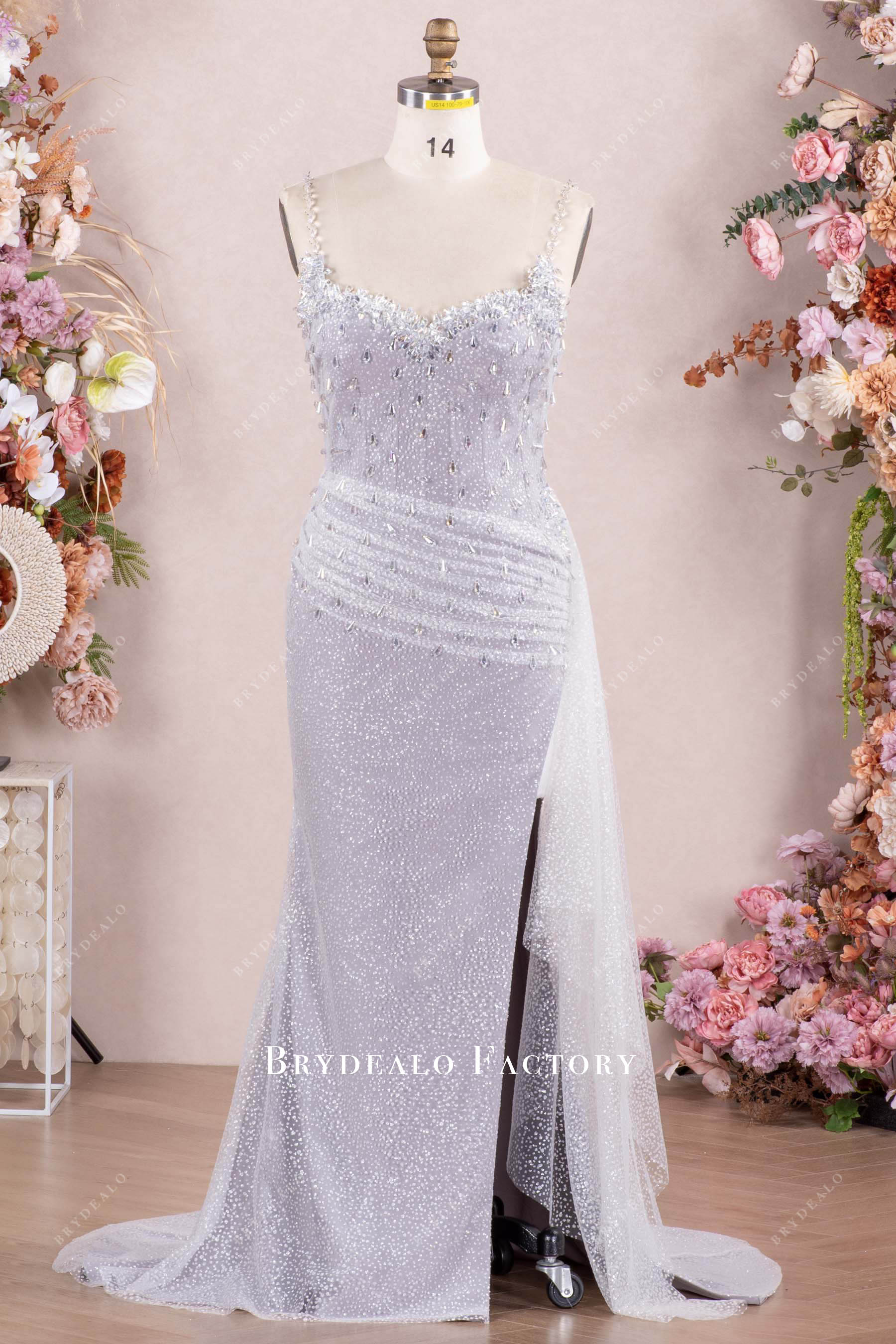 open lace back dress Champagne Rhinestone Mermaid Prom Dress with Spaghetti Straps – FancyVestido main image 1