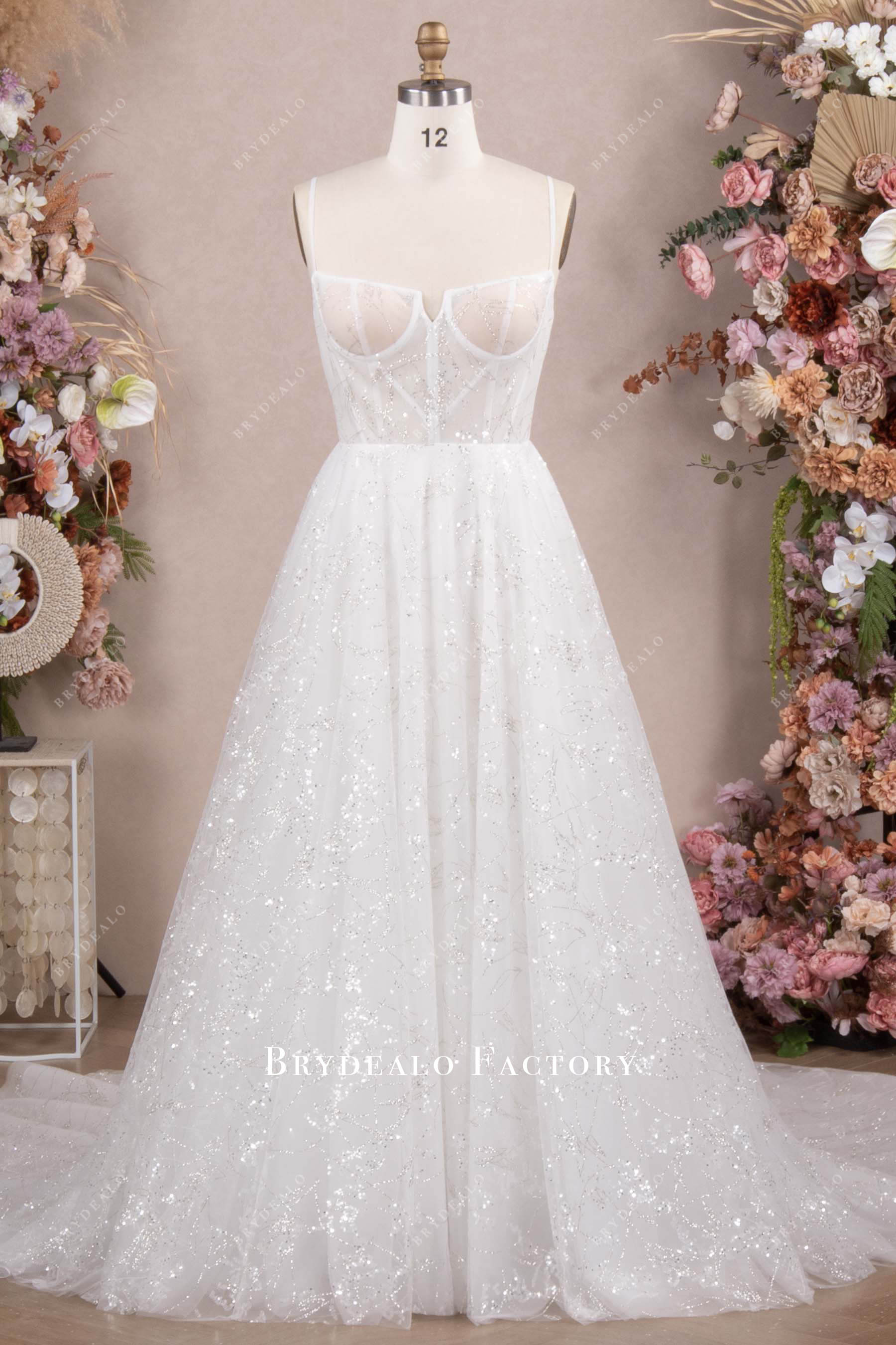 Modern A-Line Wedding Dress Glitter Tulle Corset