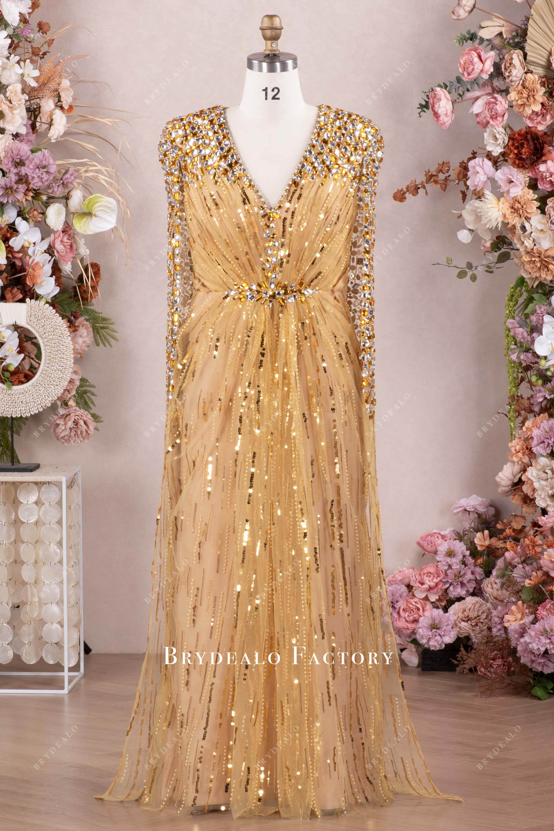 Luxe Gold Rhinestones V-neck Long Mother of Bride Dress