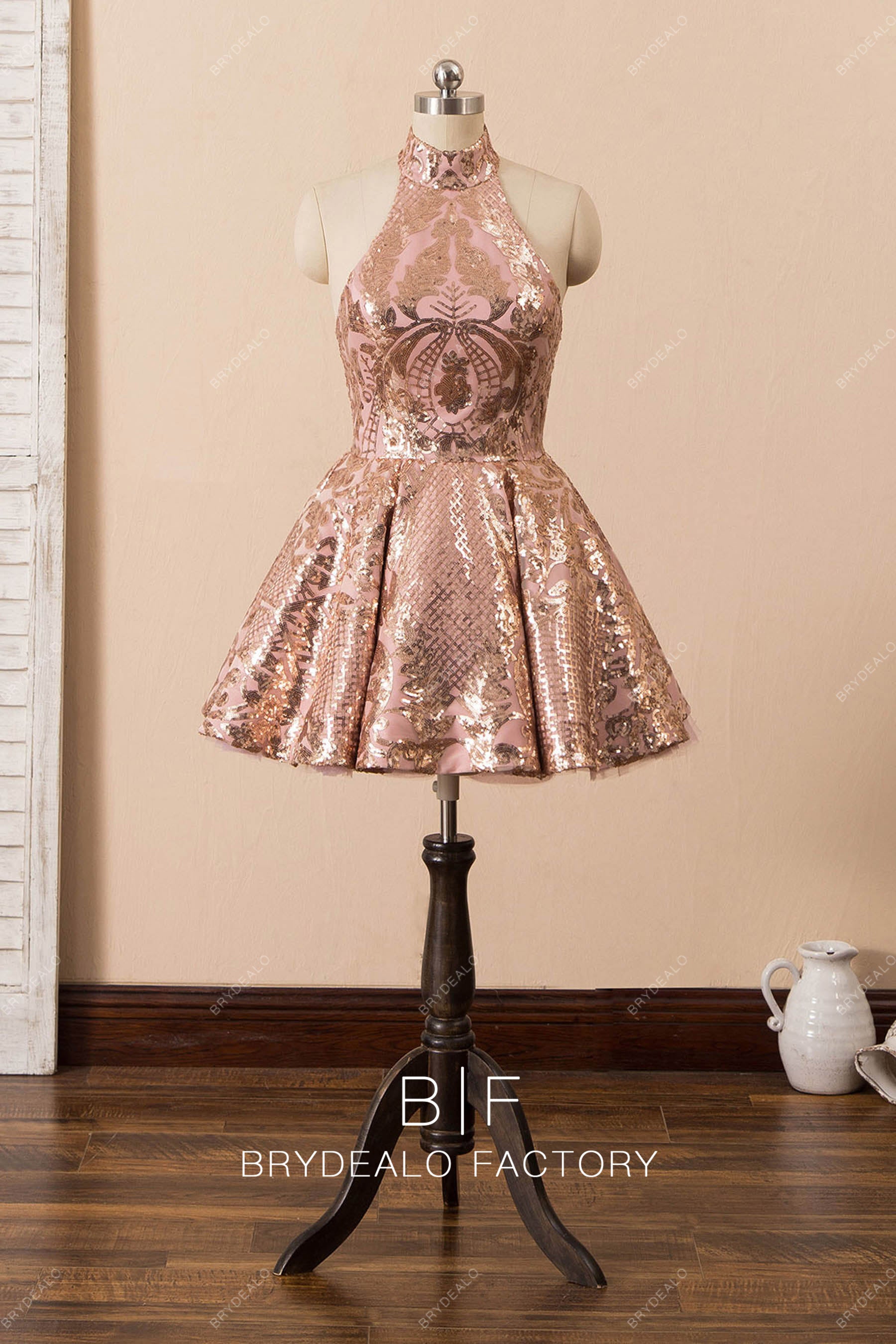 Rose Gold Sequined Halter Neck Cocktail Dress Rose Gold Sequined Halter Neck Cocktail Dress