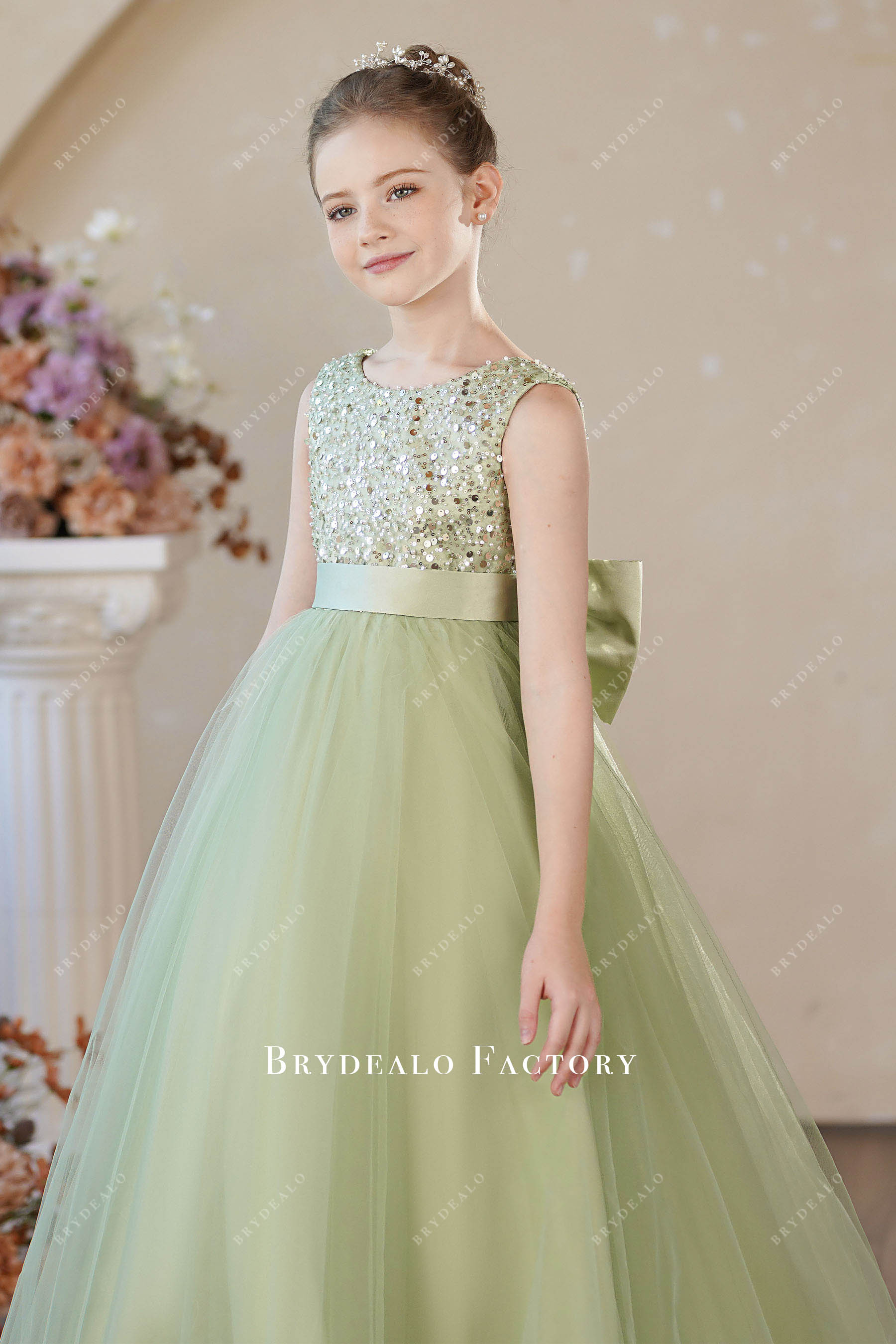 Sage Sparkly Sequined Tulle Floor Length Flower Girl Dress