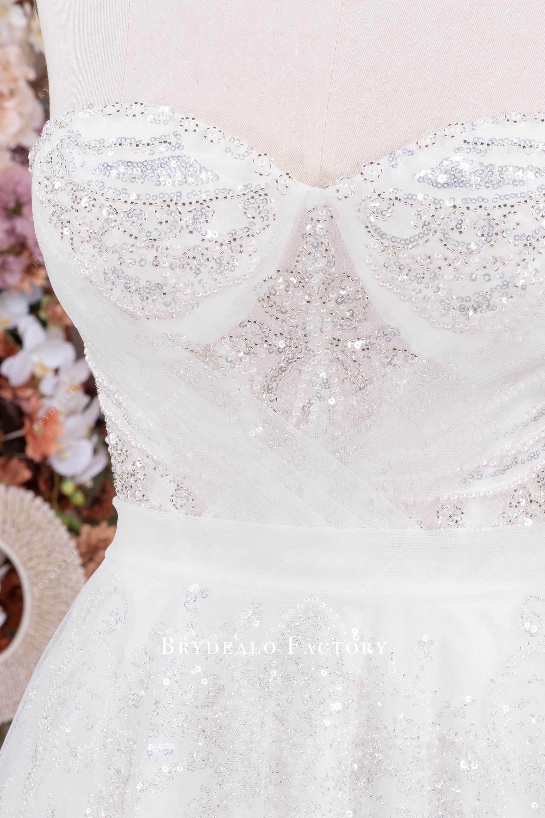Sparkly Beaded Sequin A-line Sweep Train Bridal Dress