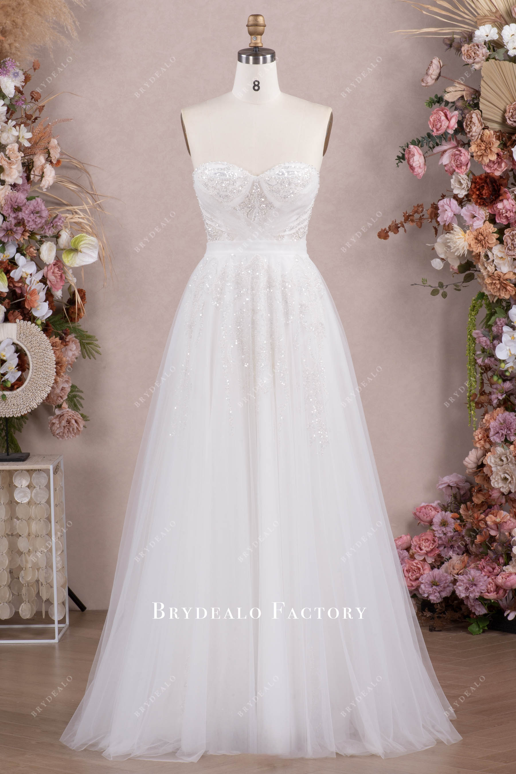 Sparkly Beaded Sequin A-Line Sweep Train Bridal Dress Light Ivory