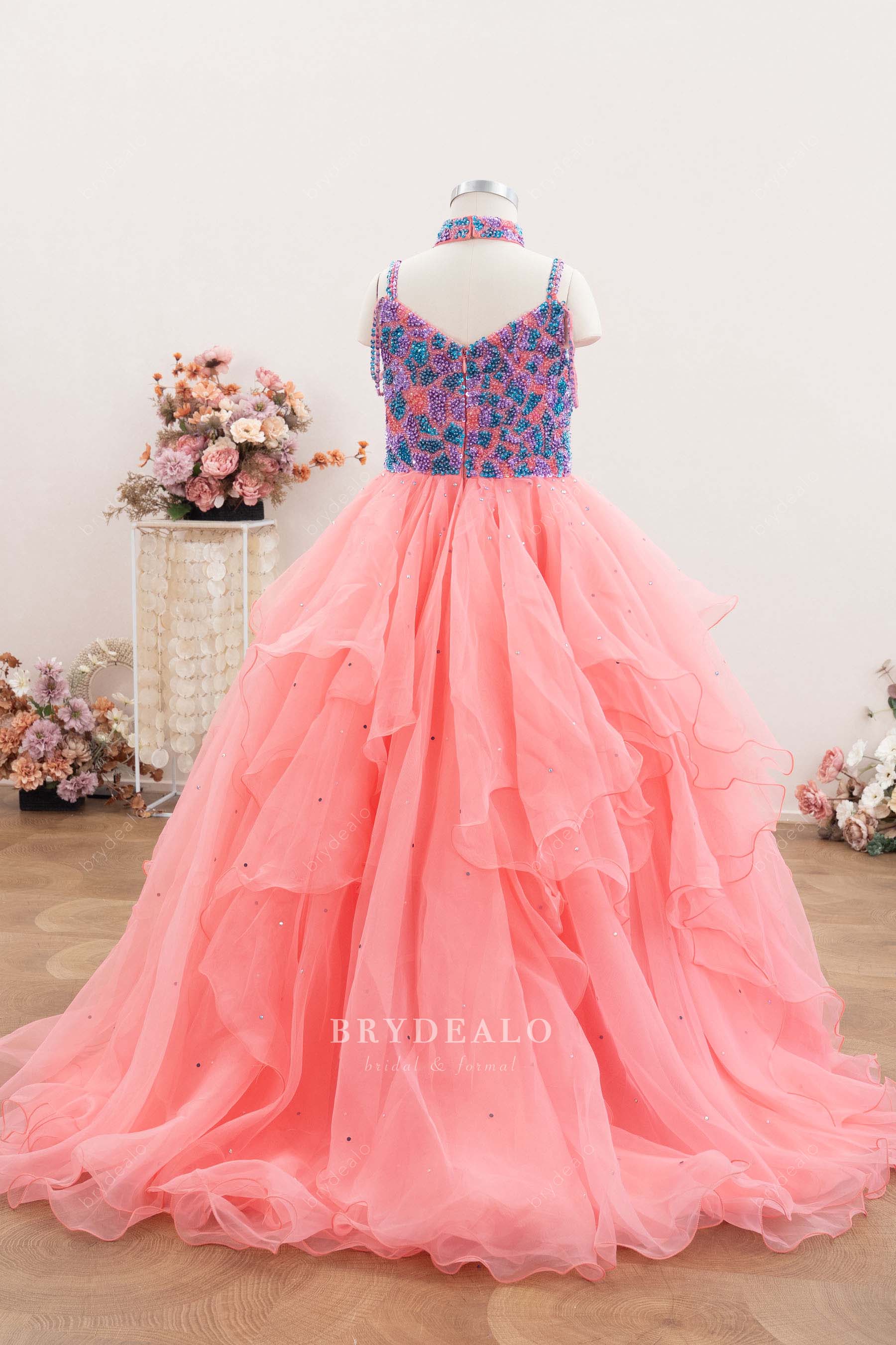sparkly long pink organza kids formal ballgown