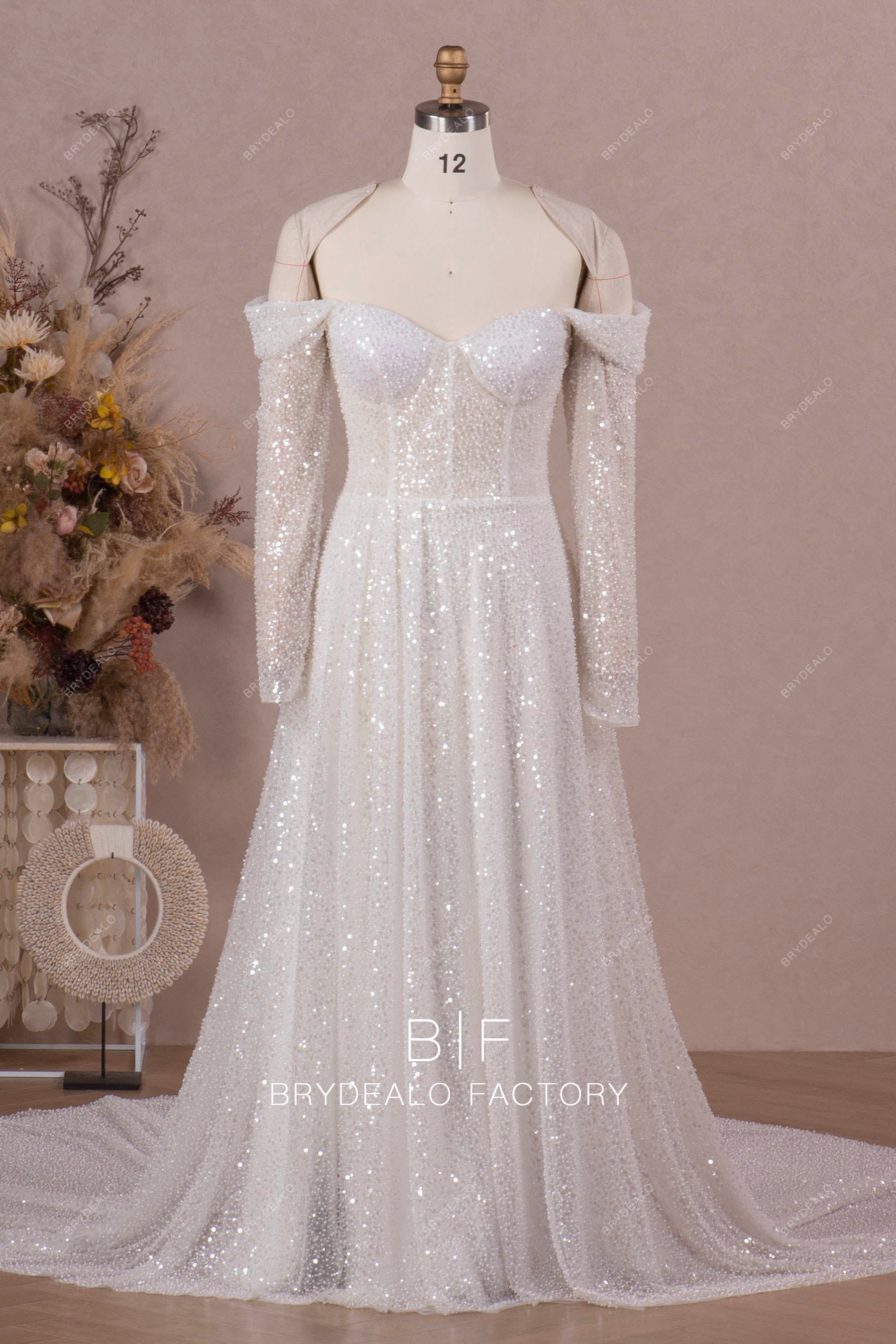 Luxury Beaded Off Shoulder Sleeve Wedding Dress