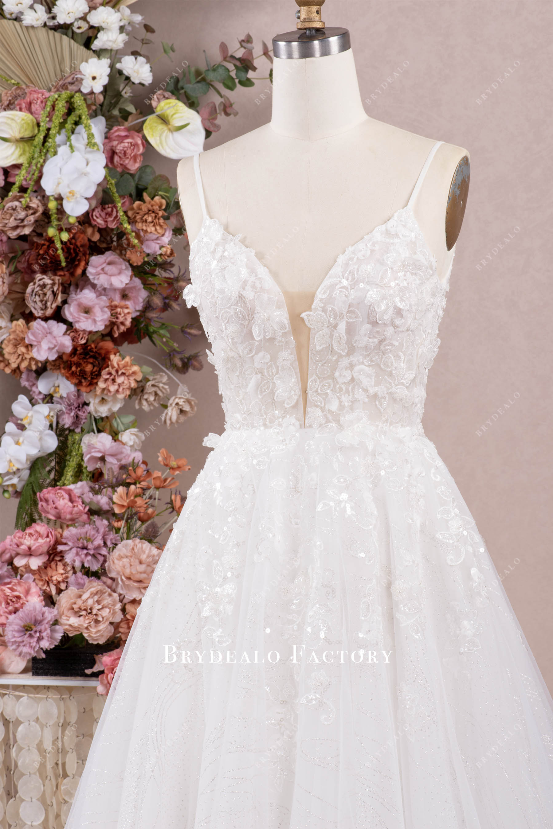 sparkly plunging flower wedding dress