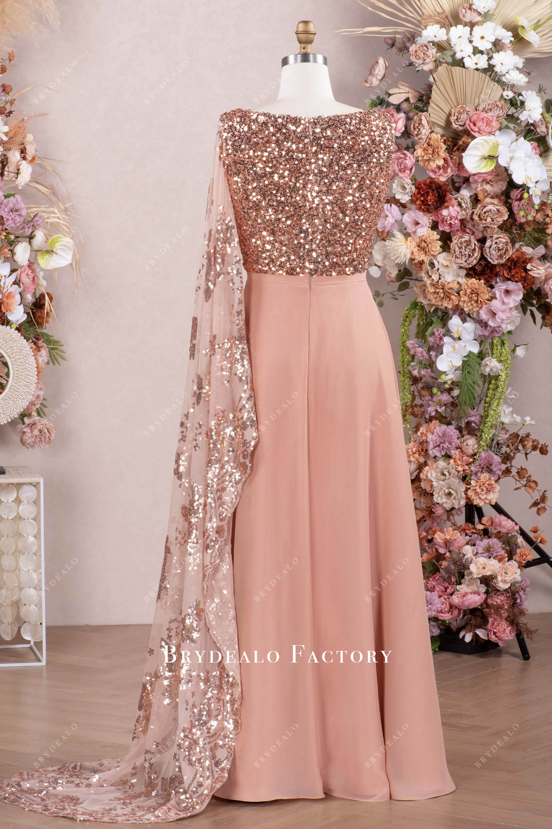 sparkly sequin cape sleeve floor length mother of bride gown