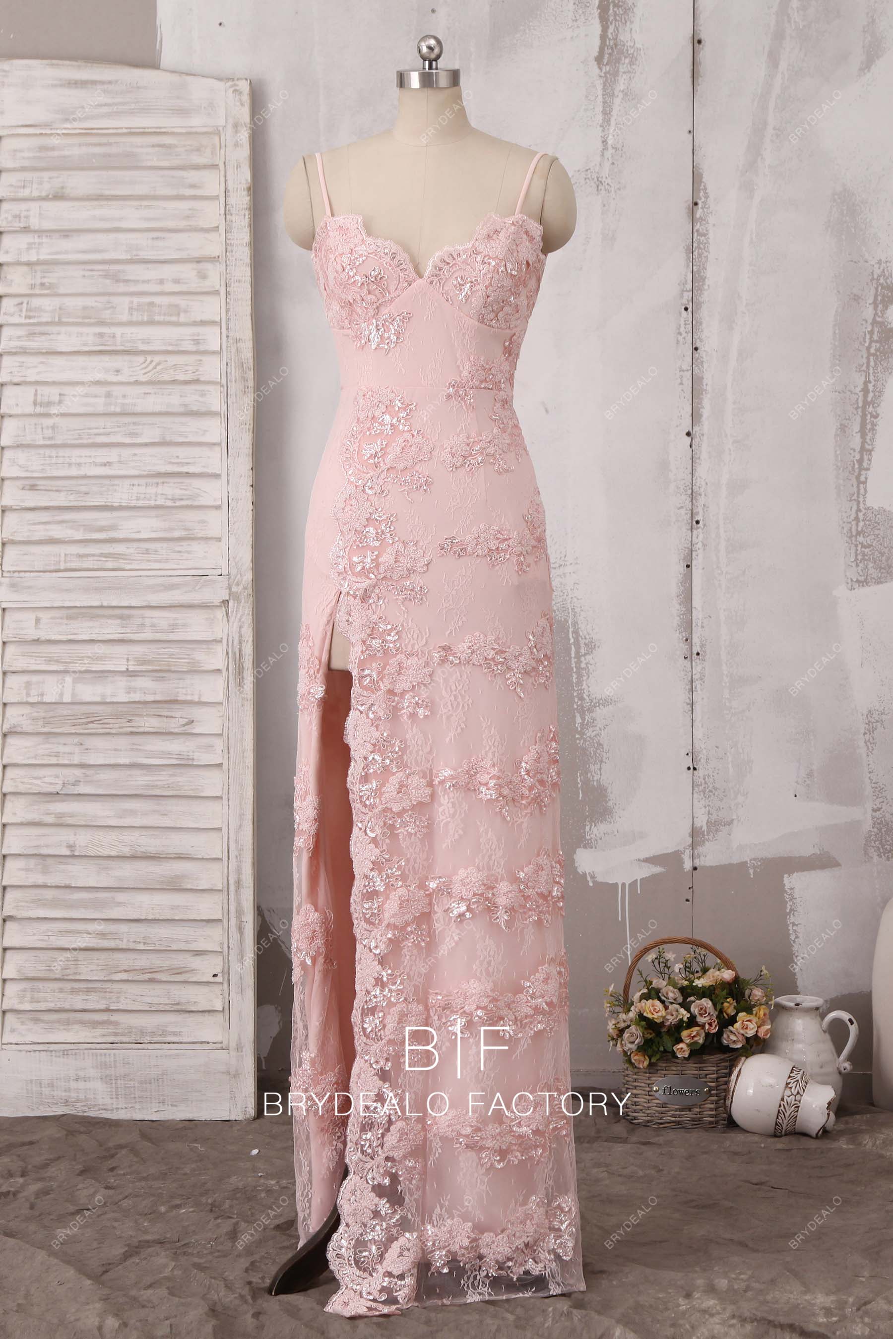 Pearl Pink Shimmer Lace Thin Straps Column Slit Formal Dress