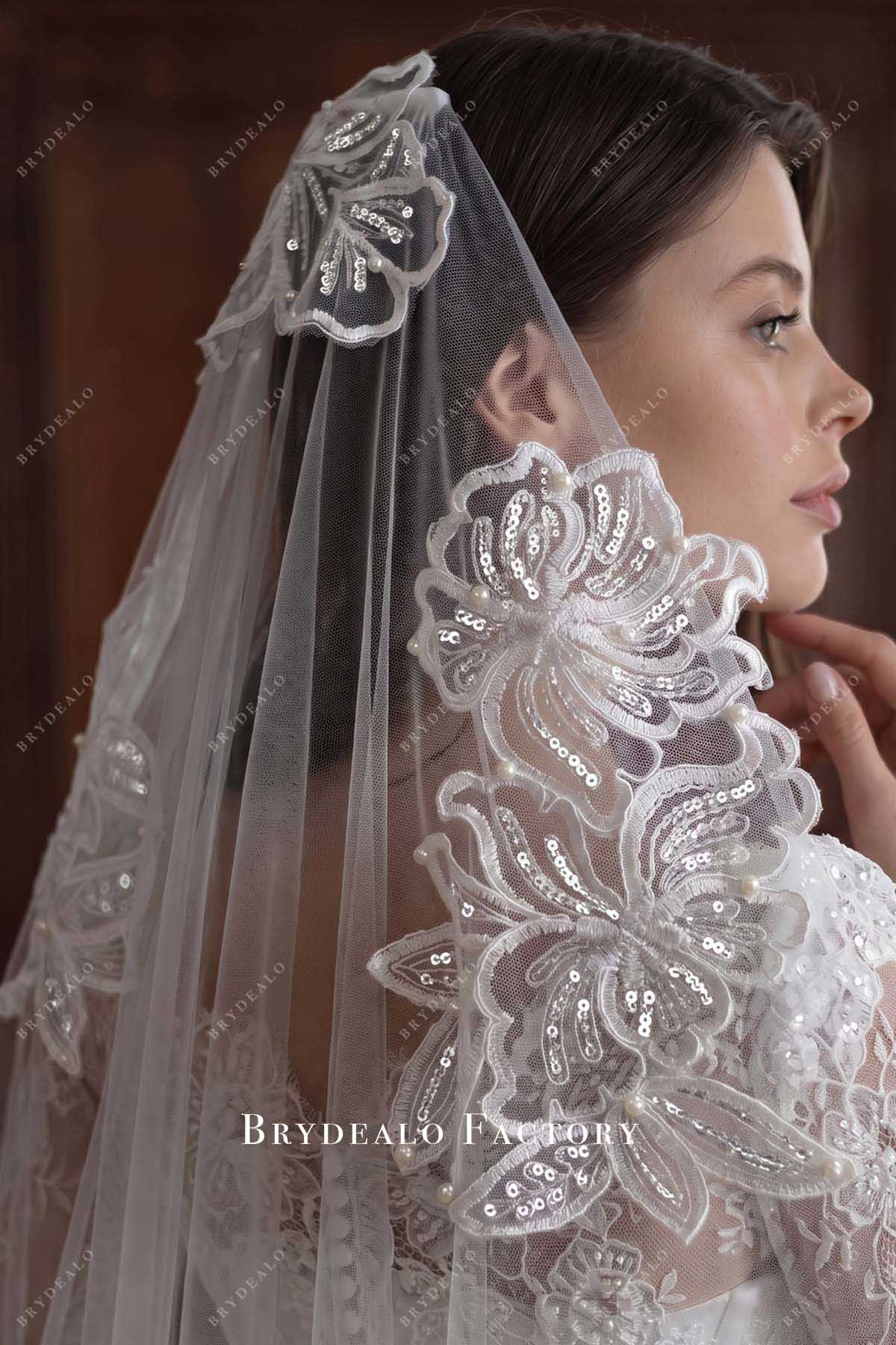 sparkly sequined botany lace bridal veil