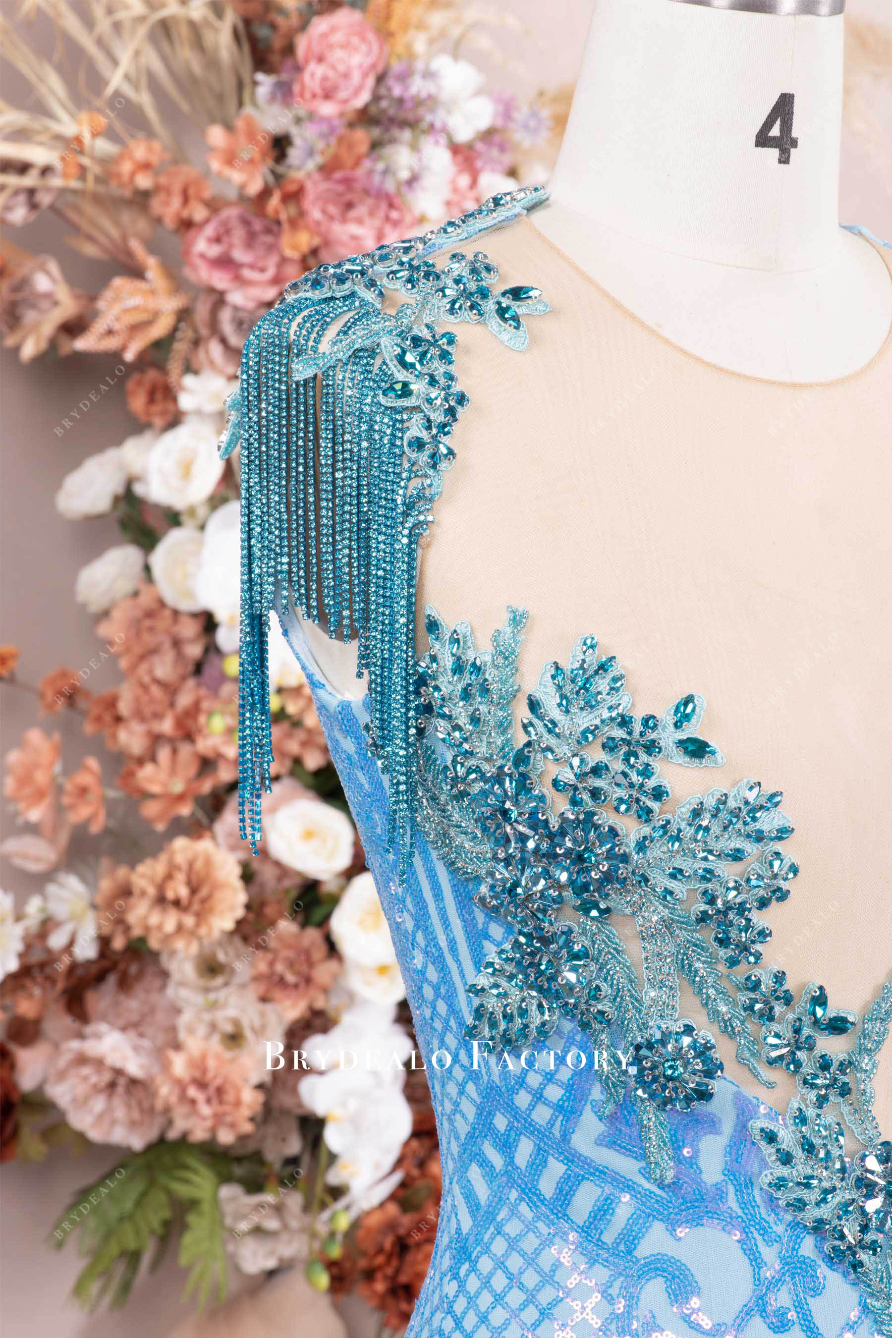 sparkly shoulder tassel prom dress