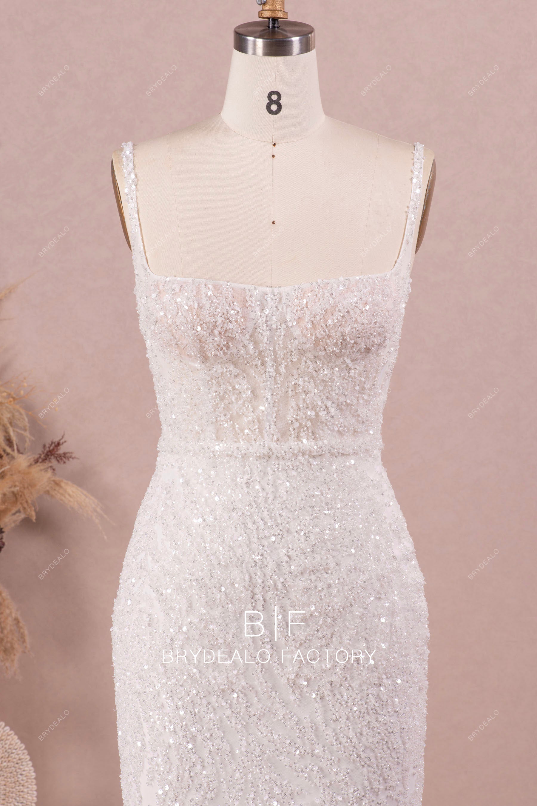 sparkly square neck wedding dress