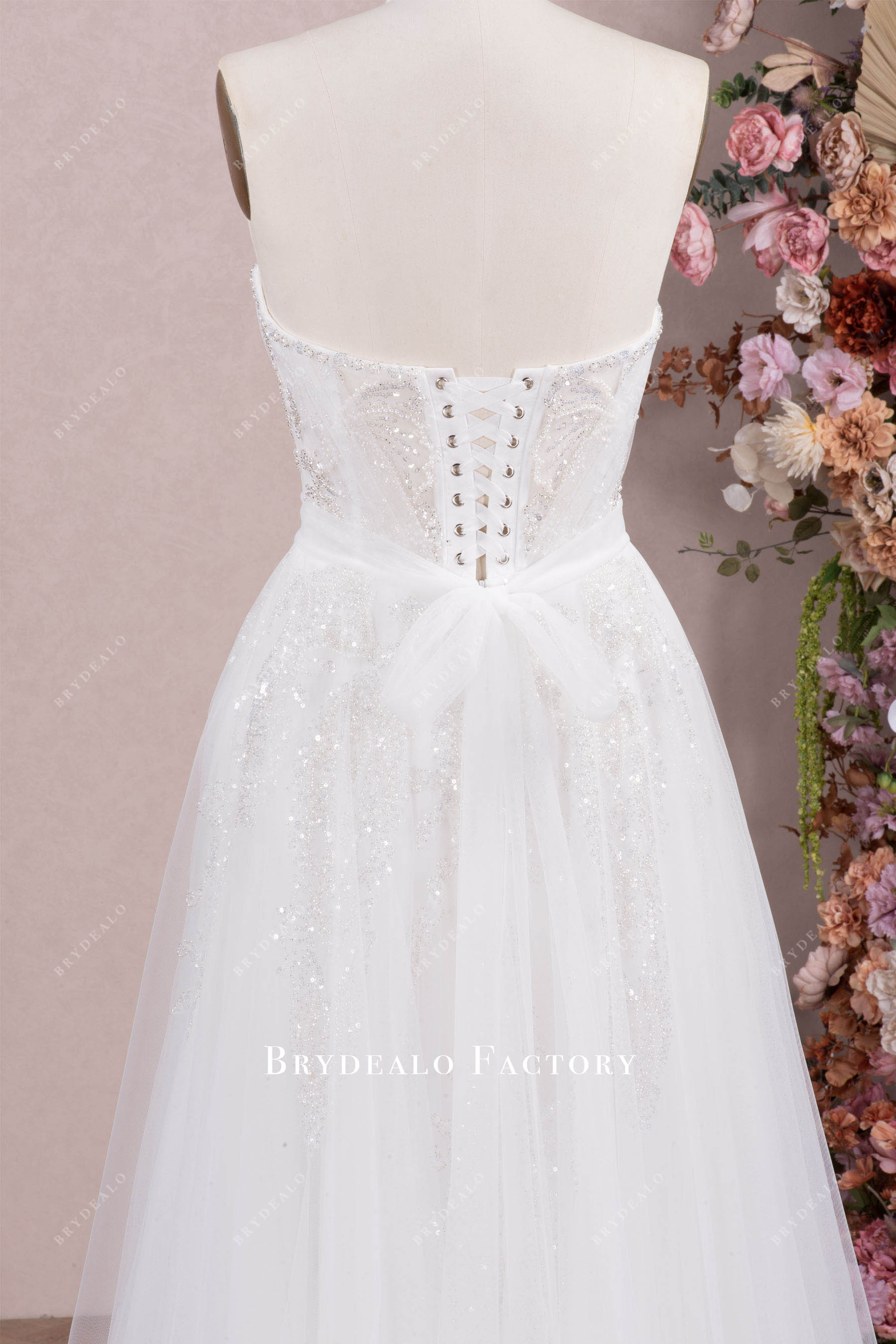 Sparkly Beaded Sequin A-line Sweep Train Bridal Dress