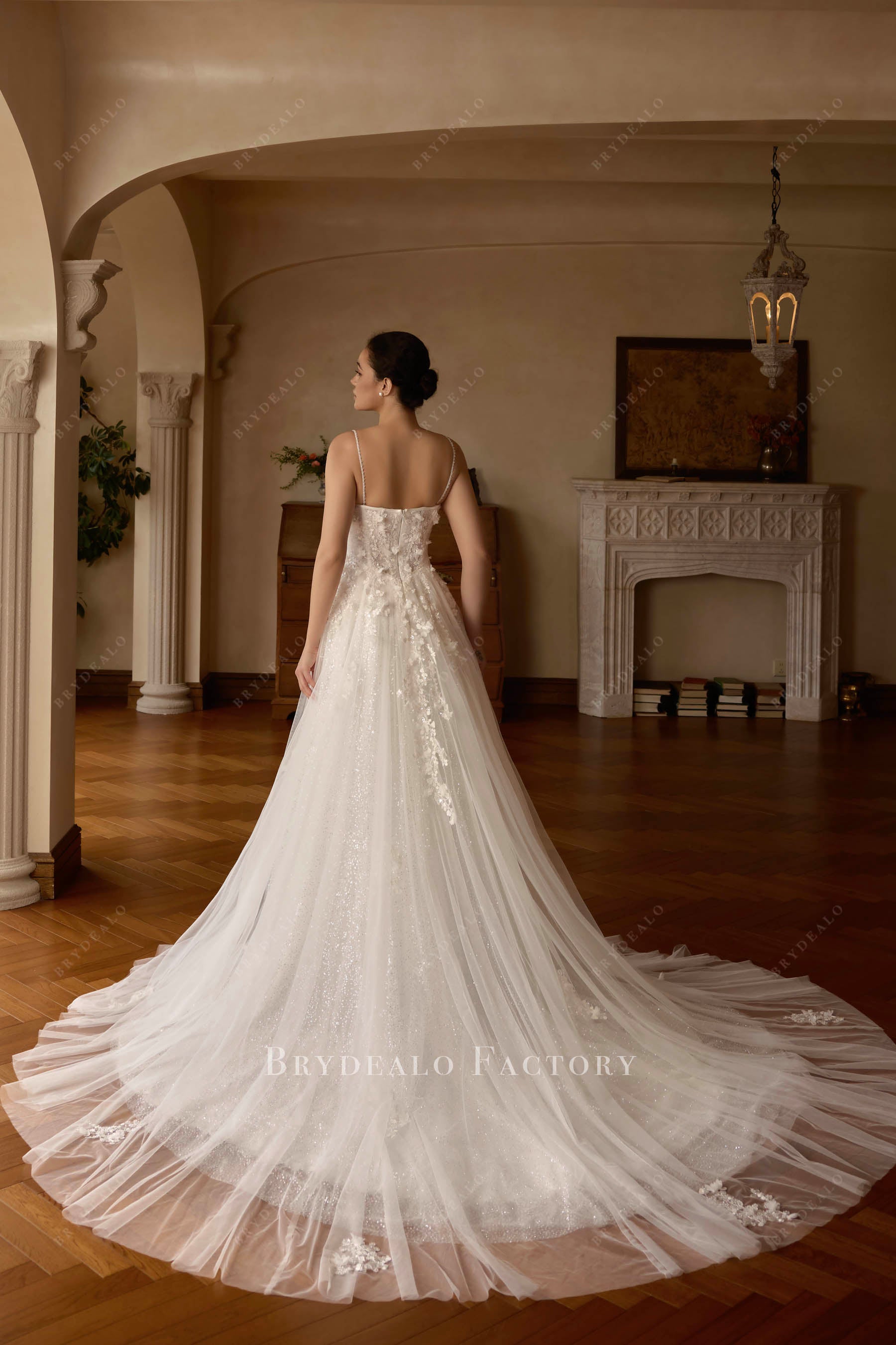 sparkly tulle cathedral train wedding dress