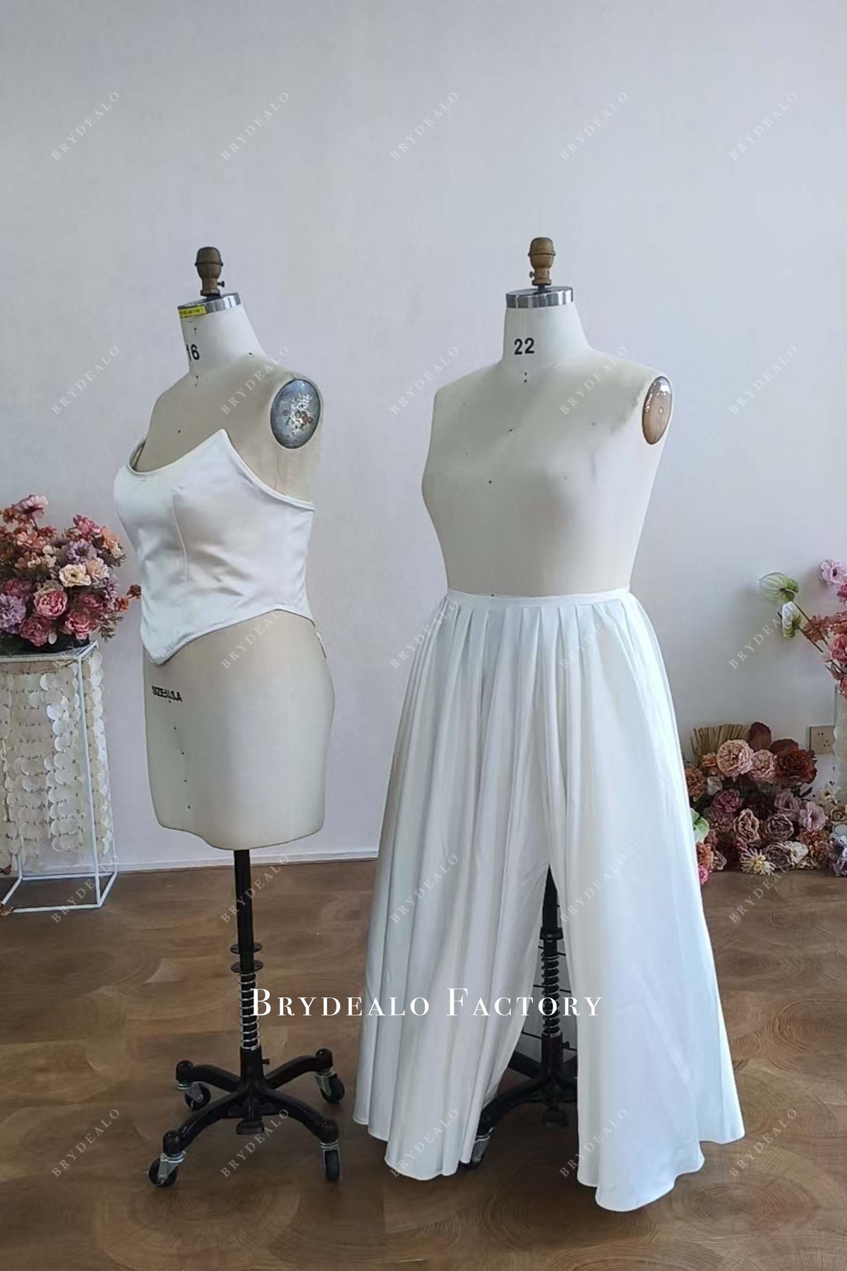 Custom Satin Plu Size Strapless Slit A-line Two-piece Wedding Dress