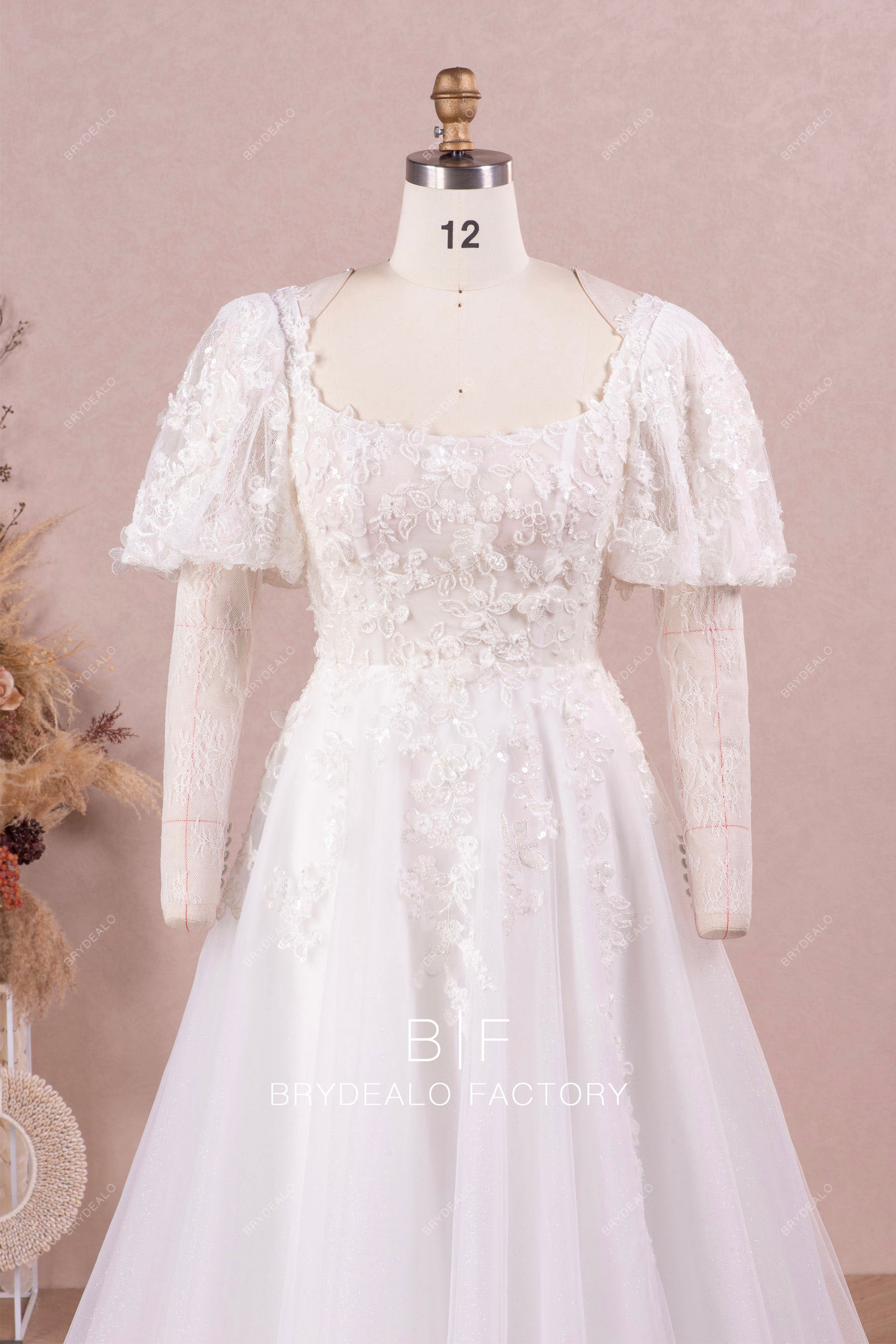 Private Label Beaded Lace Puffy Sleeves Custom Wedding Ball Gown