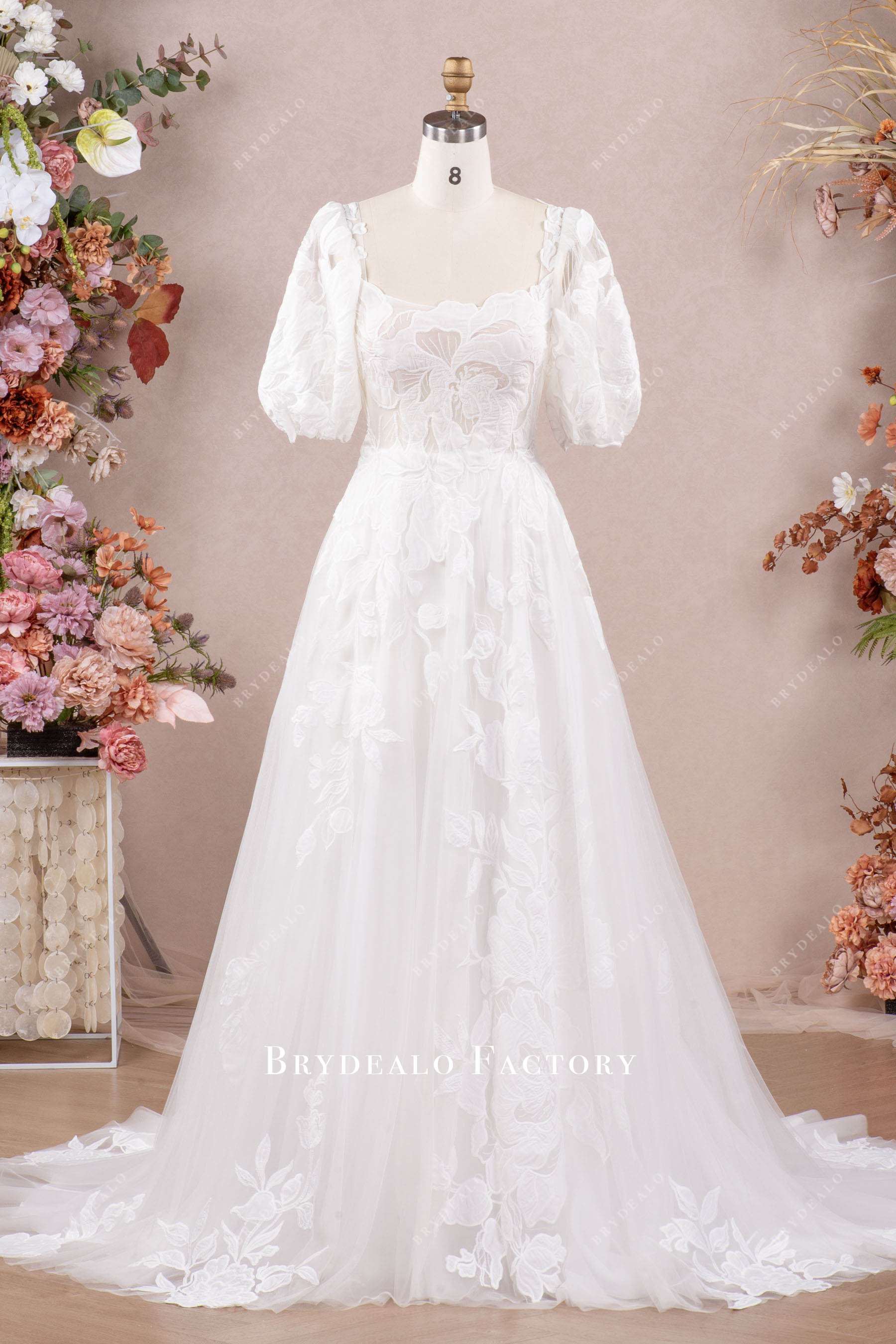 square neck Aline lace wedding dress sample