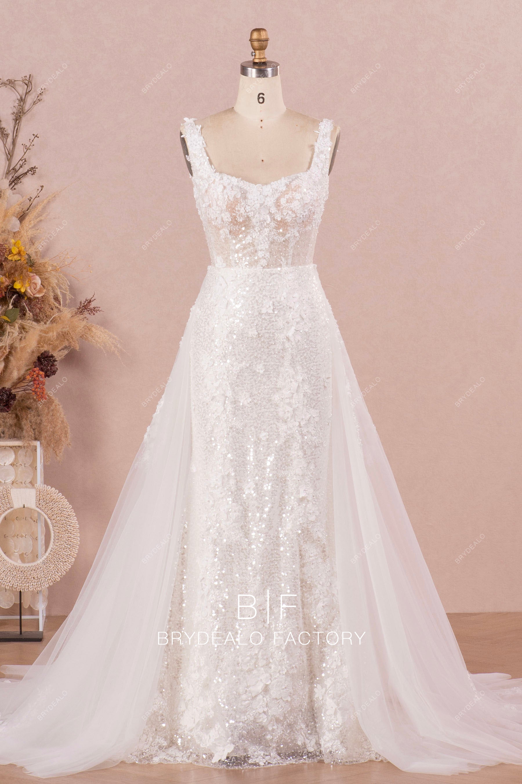 Sparkly Square Neck Mermaid Wedding Dress with Removable Overskirt Light Ivory / Overskirt Sparkly Square Neck Mermaid Wedding Dress with Removable Overskirt Light Ivory / Overskirt