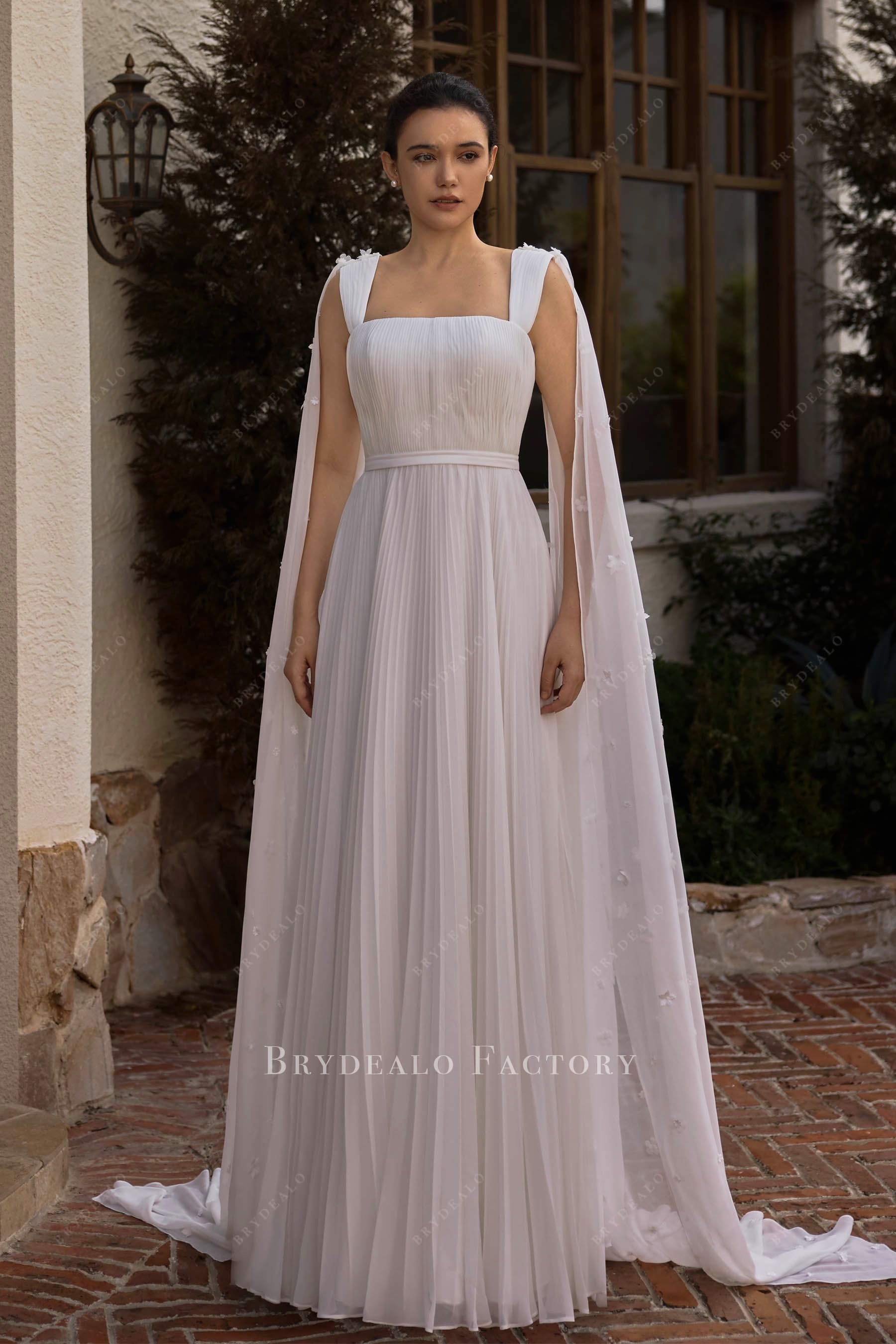 Minimalist Detachable Flower Chiffon Cape Pleated Wedding Dress