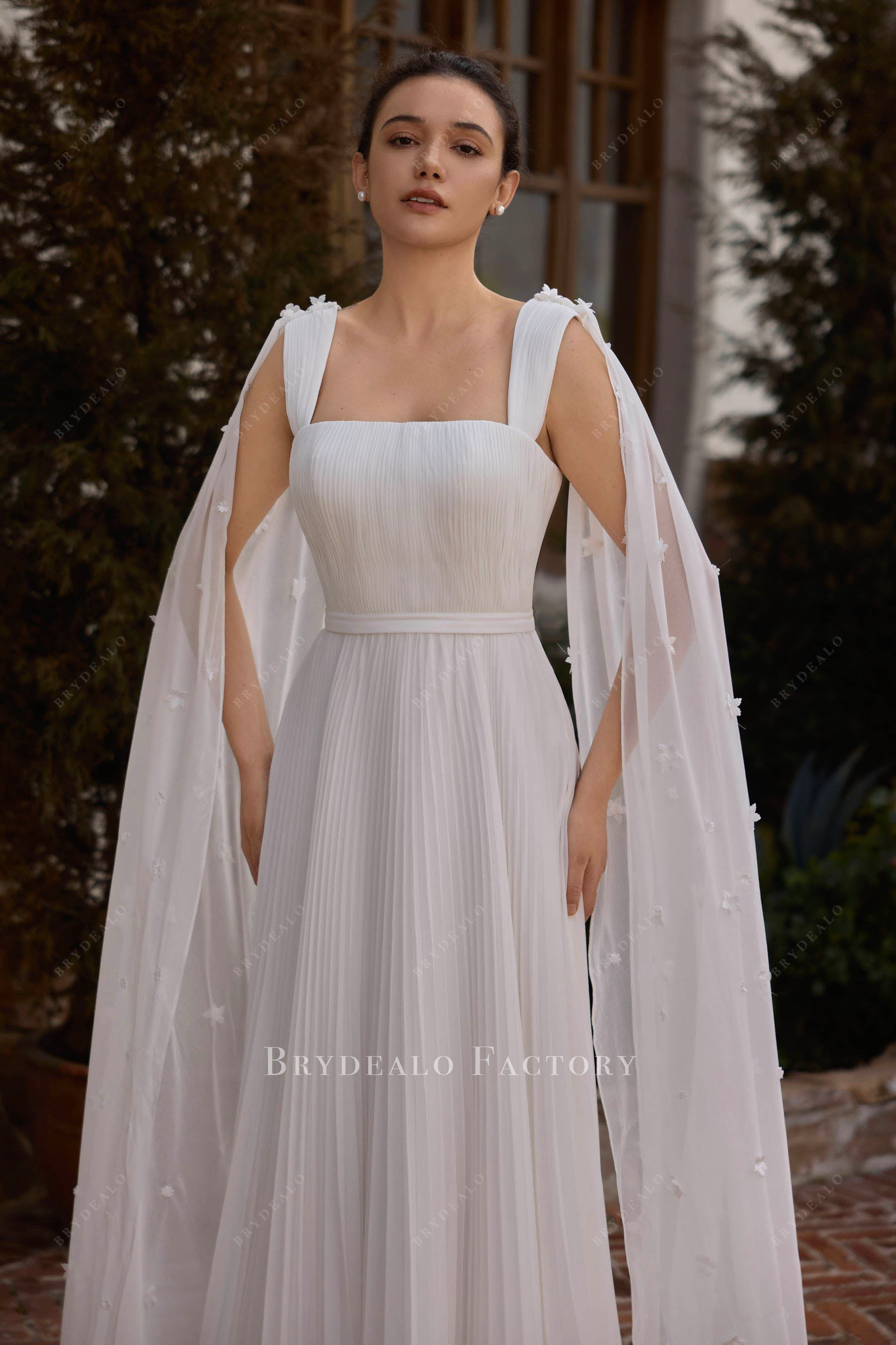 square neck pleated wedding dress