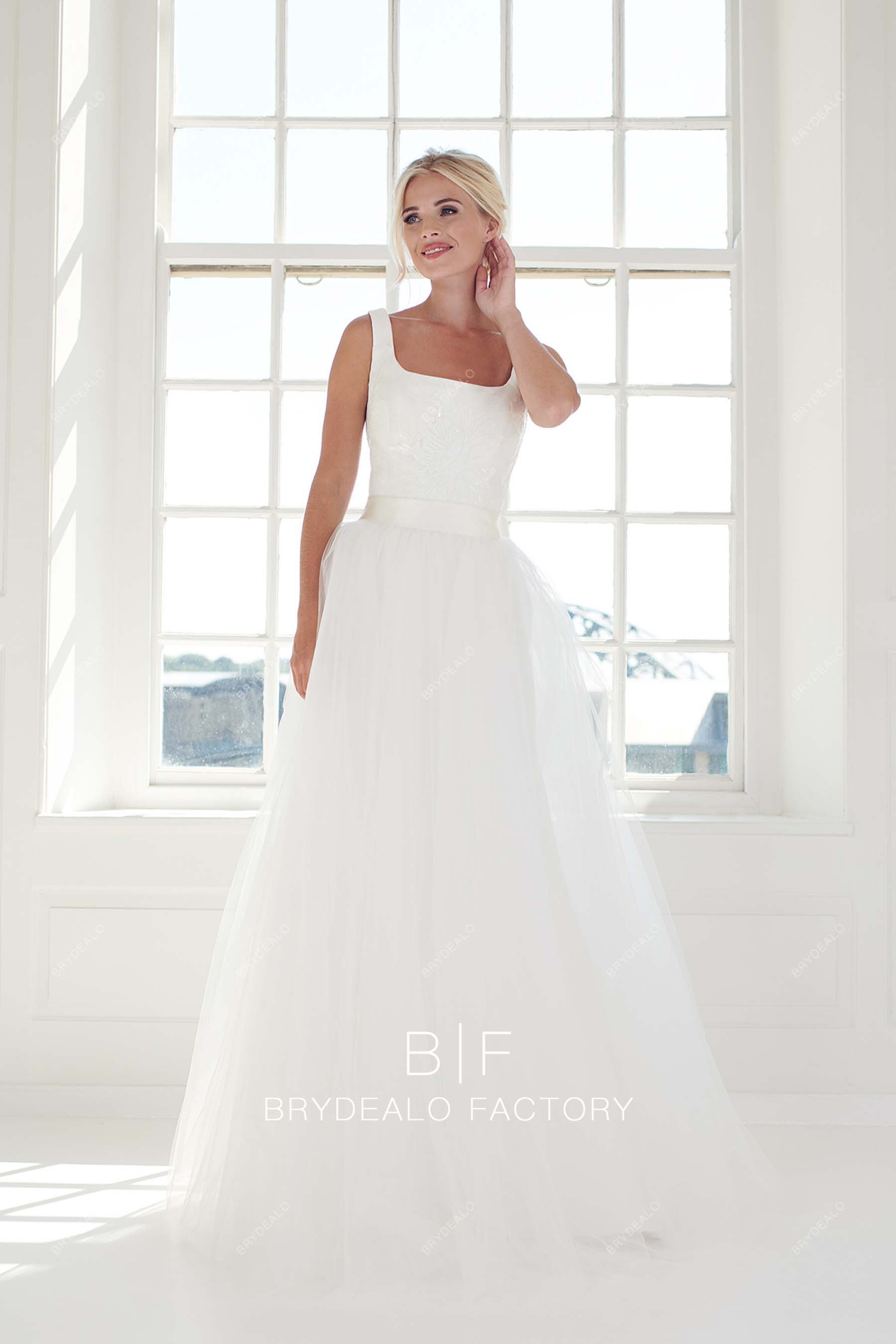 square neck sequin tulle overskirt wedding gown