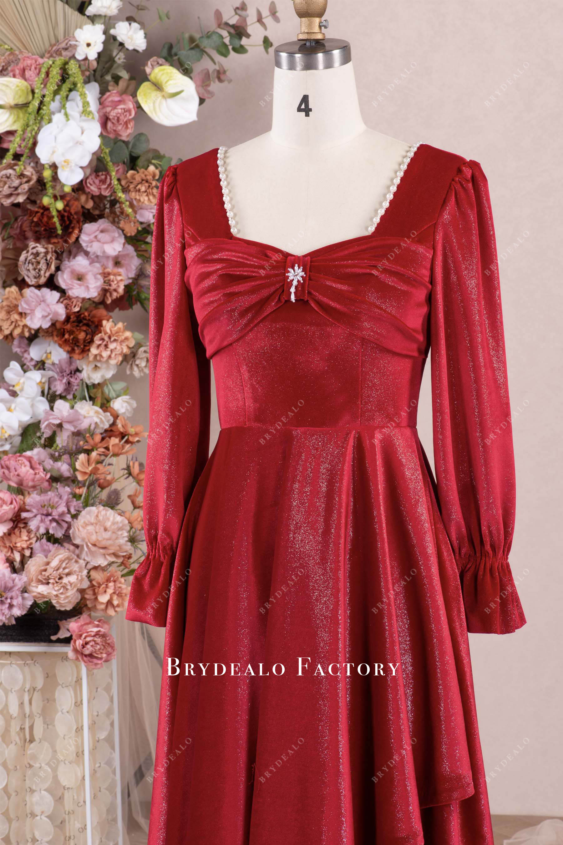 square neck sleeve velvet formal dress