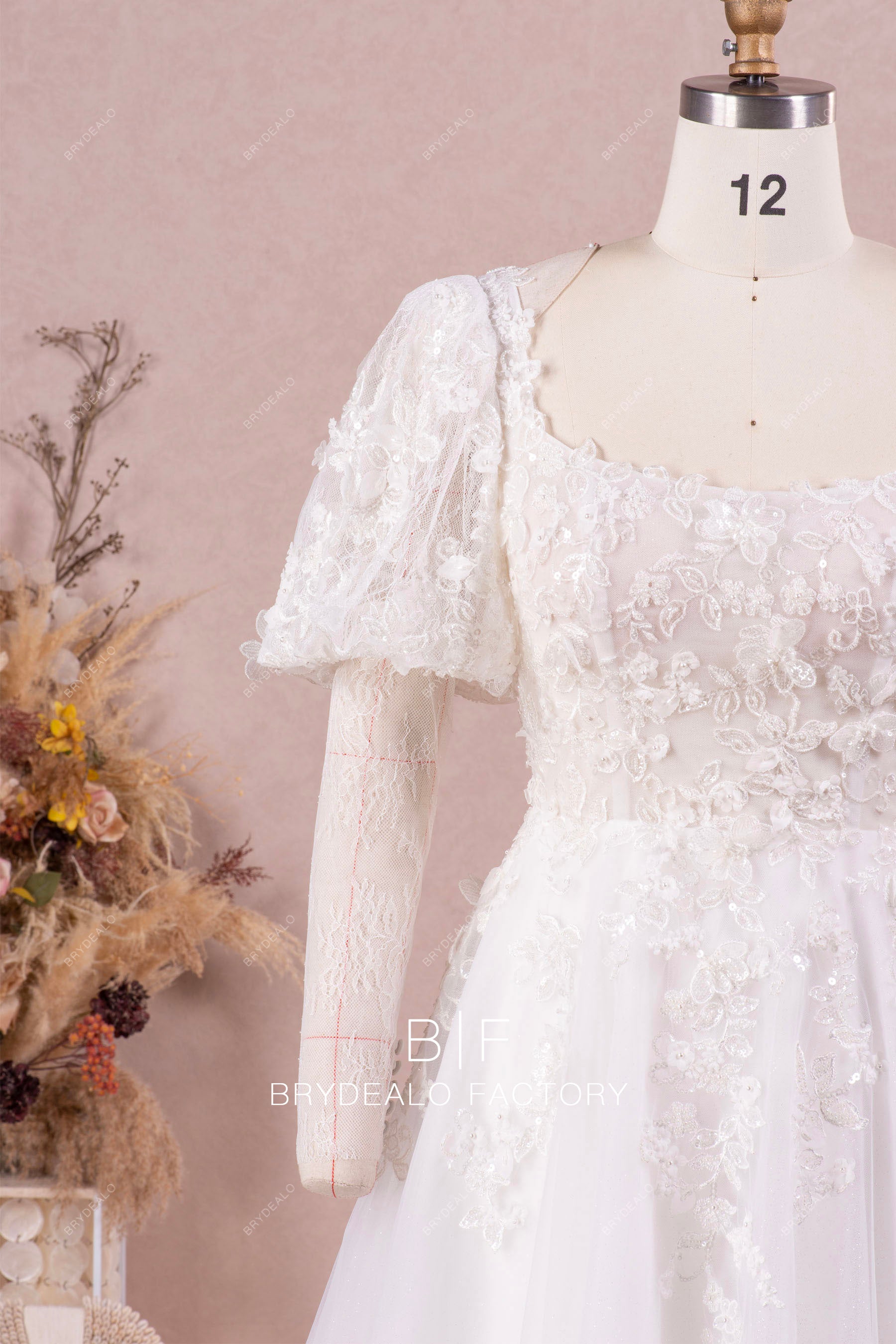 Private Label Beaded Lace Puffy Sleeves Custom Wedding Ball Gown