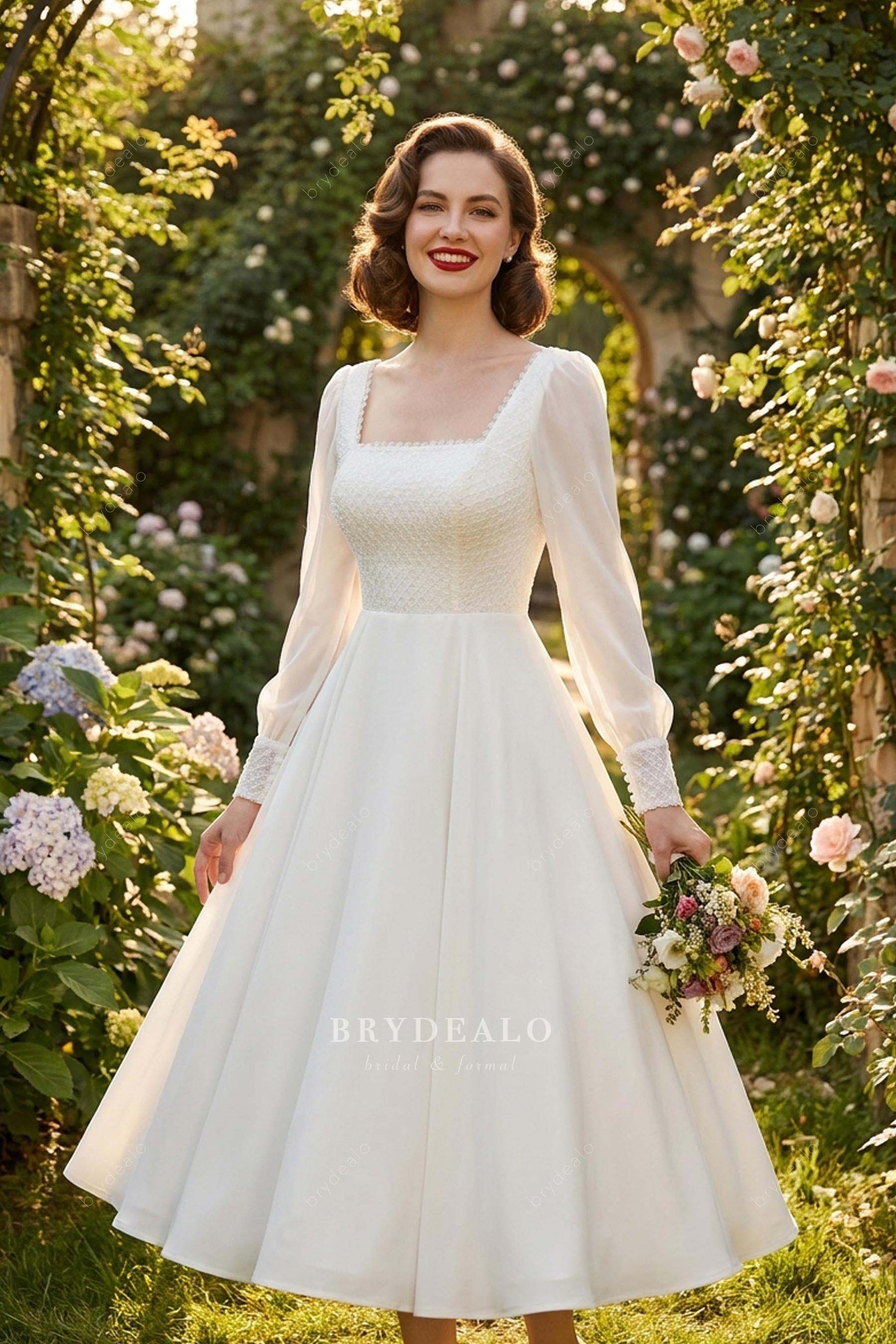square neck tea length wedding dress