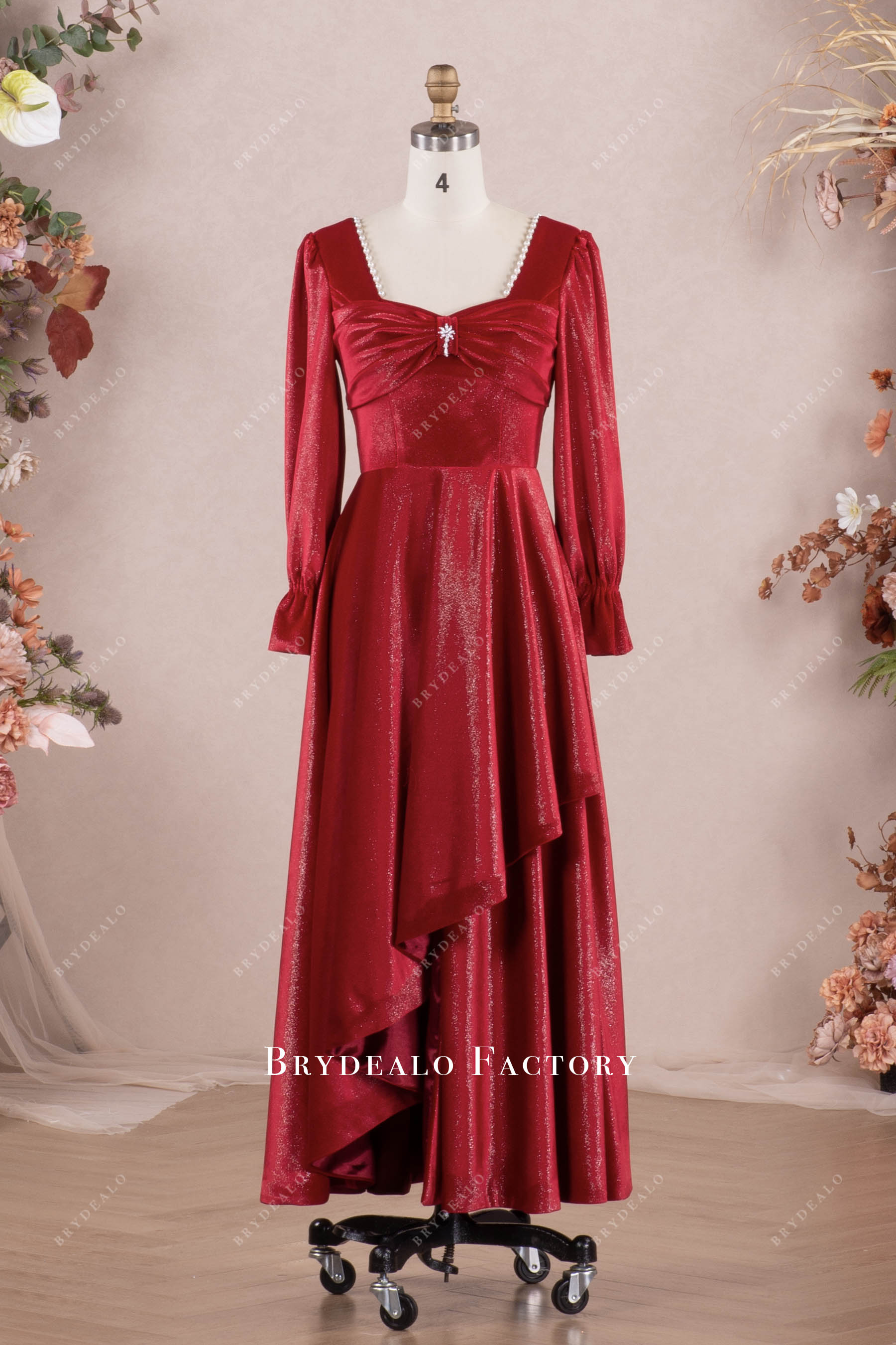 Red Shimmery Velvet Sleeved Square Neck Formal Dress