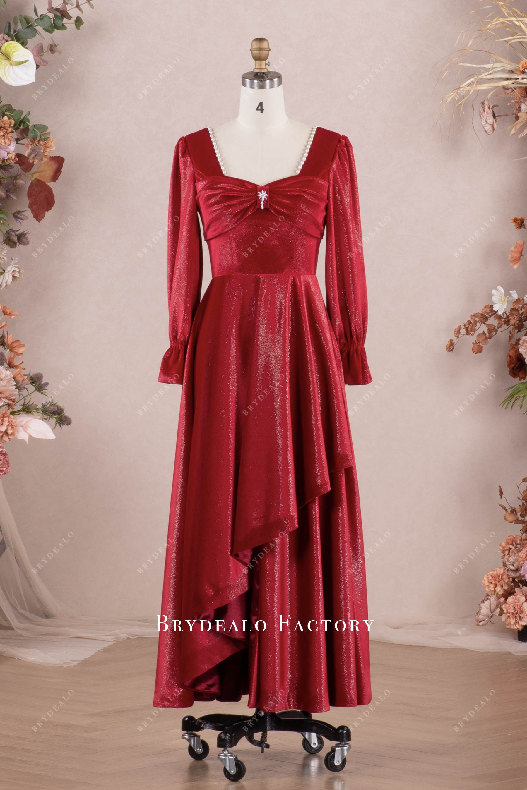Red Shimmery Velvet Sleeved Square Neck Formal Dress Red Shimmery Velvet Sleeved Square Neck Formal Dress
