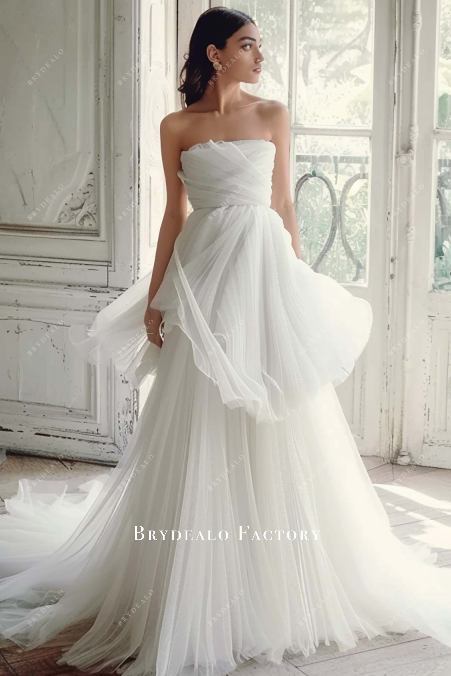 Pleated Tulle Strapless Long Train Classic Wedding Gown Light Ivory Pleated Tulle Strapless Long Train Classic Wedding Gown Light Ivory