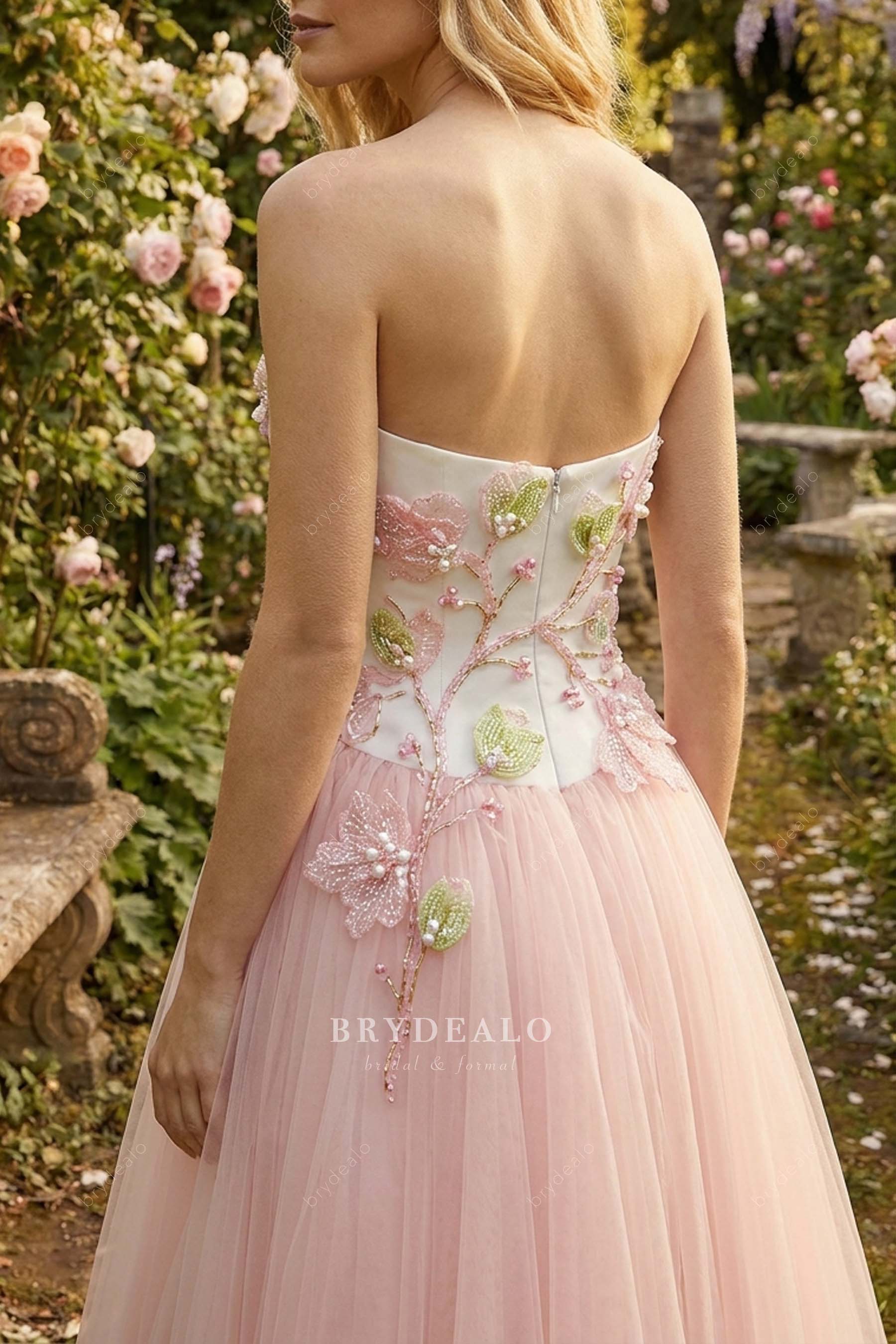 strapless beaded flower lace wedding dress