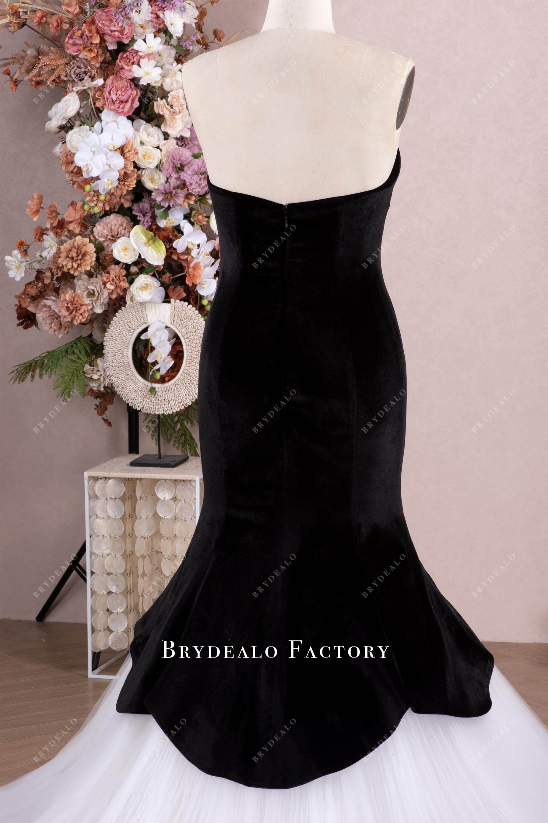 strapless black velvet wedding gown