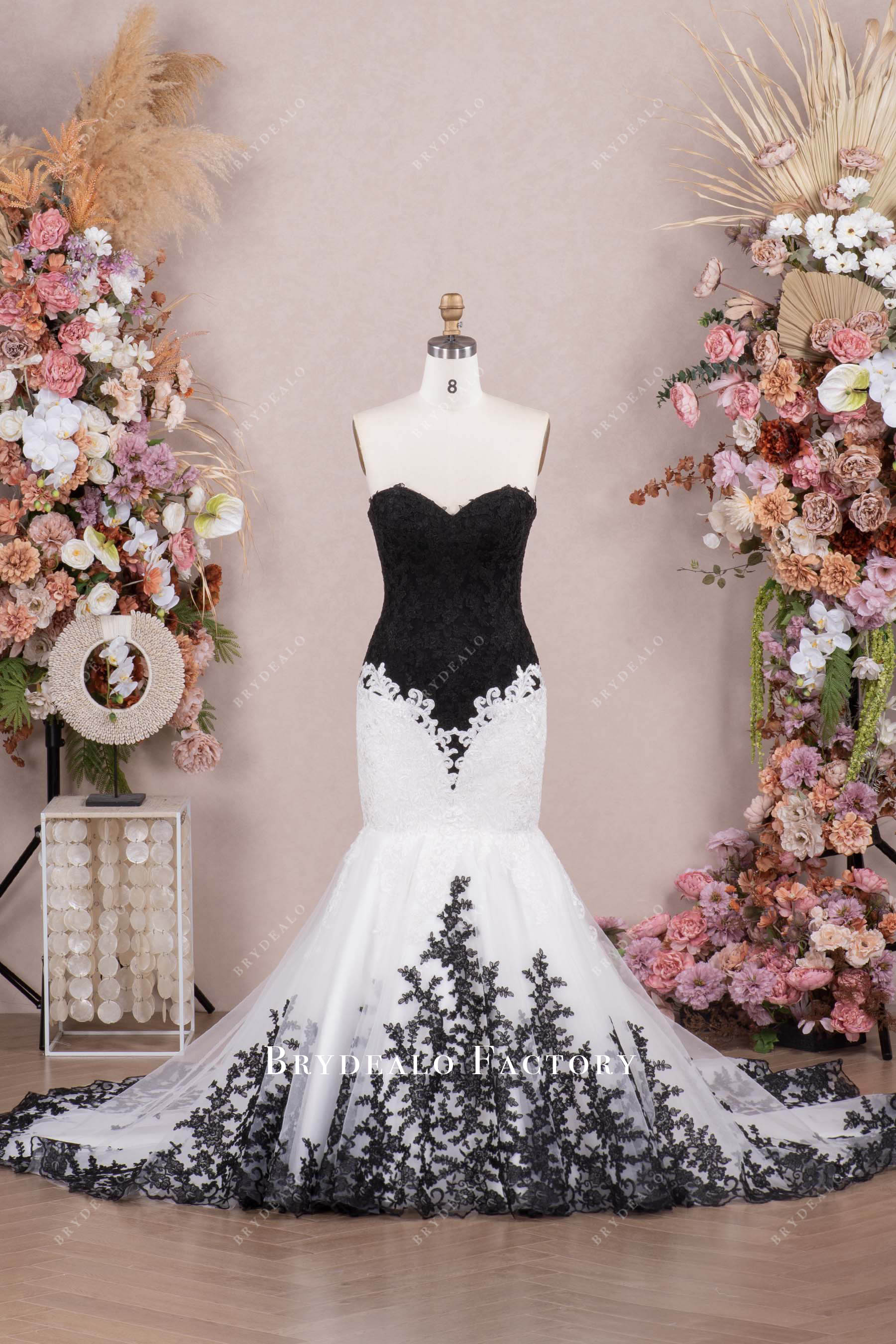 strapless black white lace mermaid wedding gown